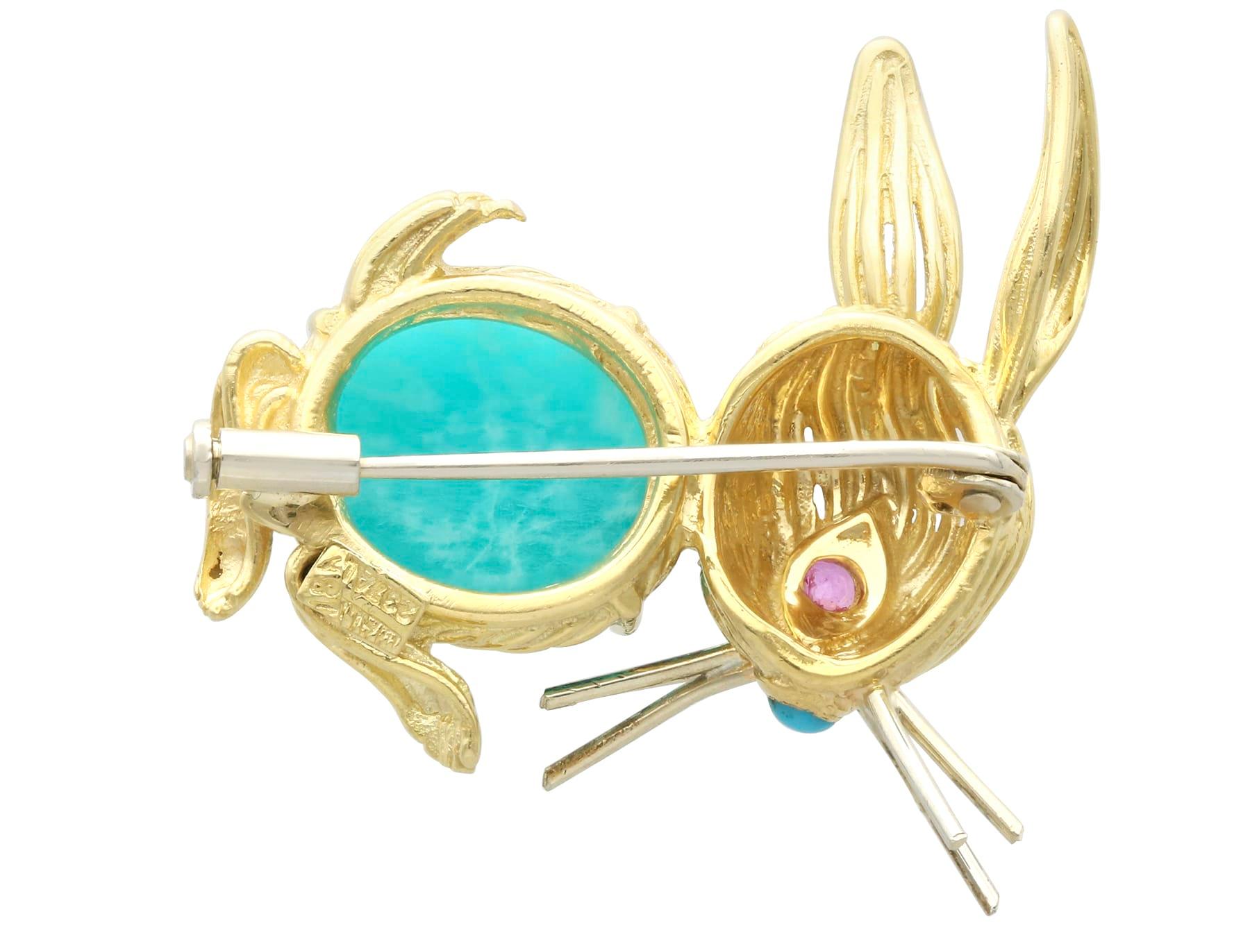 Women's or Men's Vintage Italian 8.25ct Dyed Quartz, Turquoise and Ruby Yellow Gold Rabbit Brooch For Sale