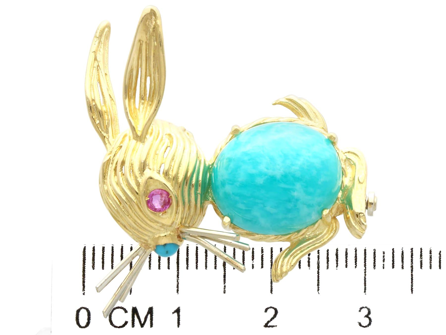 Vintage Italian 8.25ct Dyed Quartz, Turquoise and Ruby Yellow Gold Rabbit Brooch For Sale 2