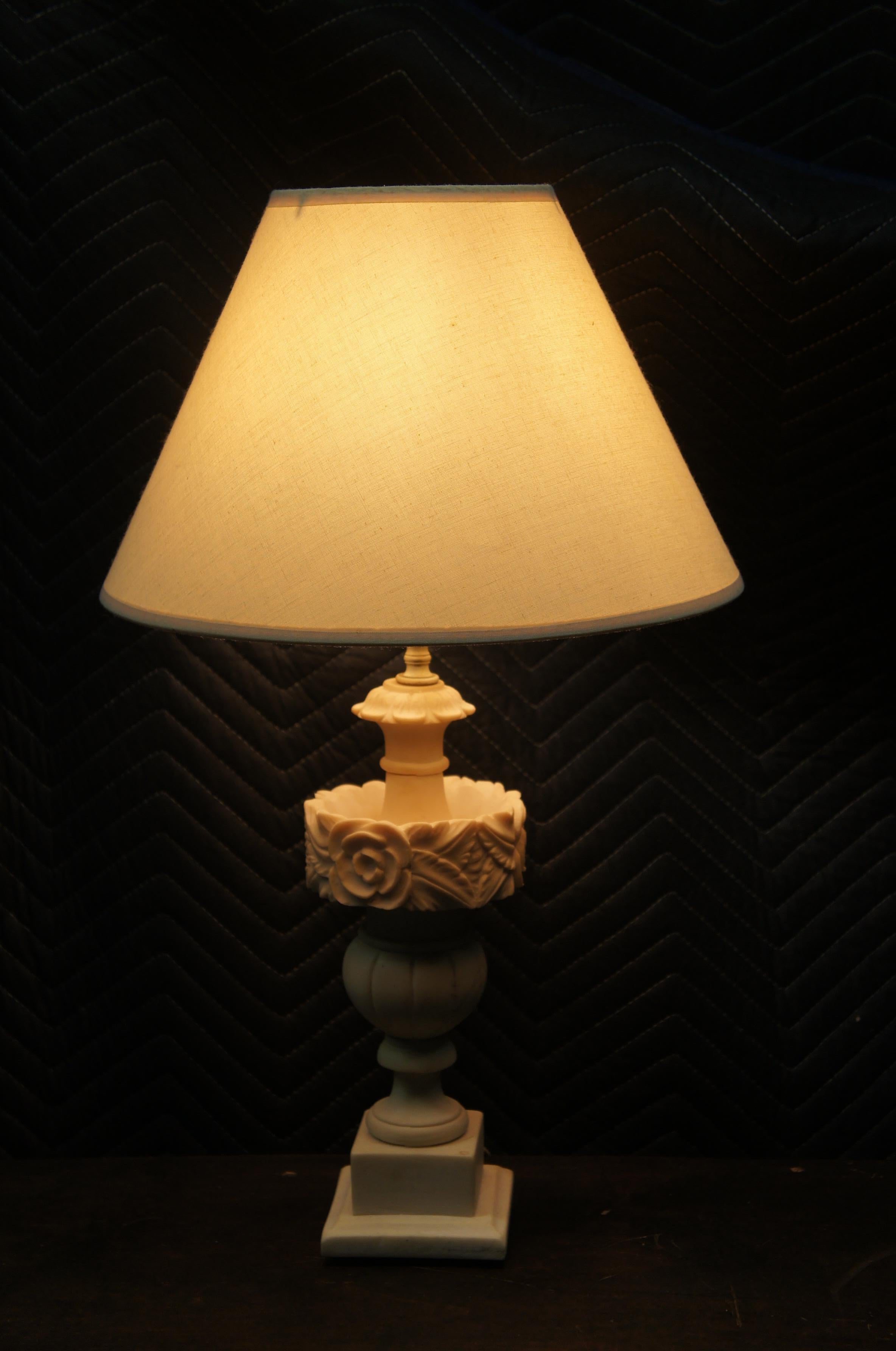 Vintage Italian Alabaster Carved Stone Neoclassical Urn Table Lamp & Shade 22