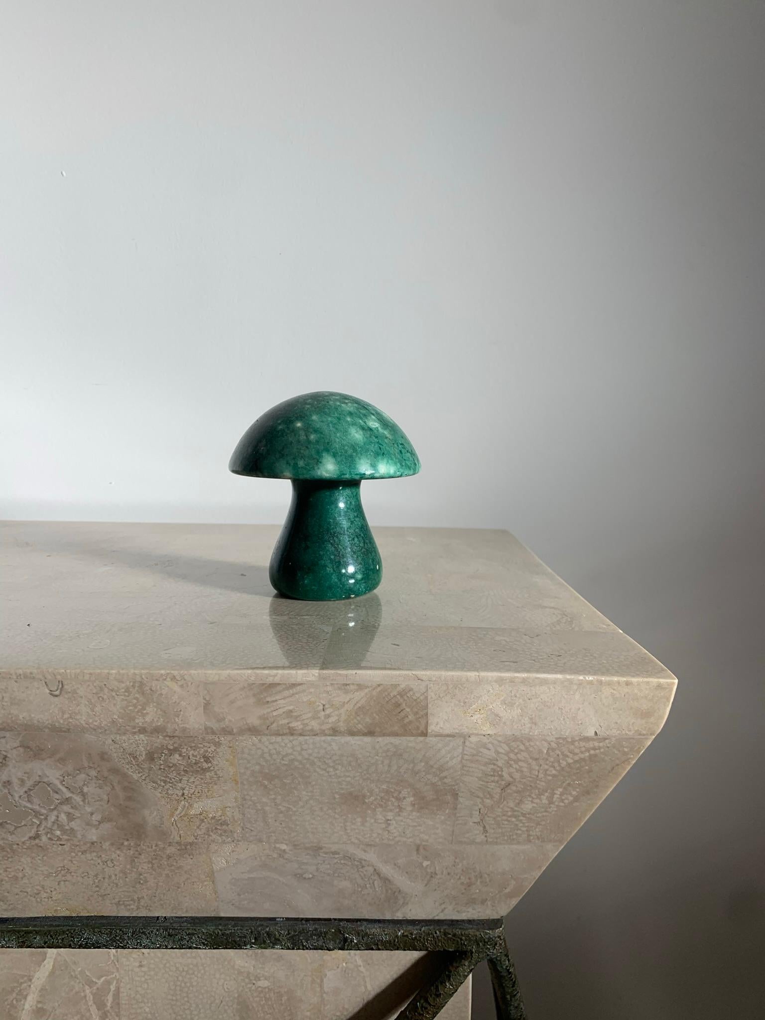 A vintage italian marble mushroom hand-carved in Italy out of Italian alabaster. Circa early 1960s. A brilliant viridian green makes this piece especially rare. Can be used as a paperweight, sculpture, or objet d’art for any lover of psychedelia or
