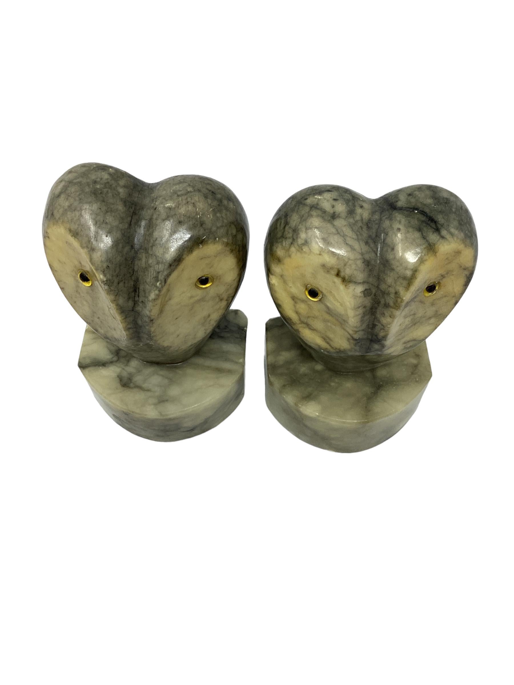 Vintage Italian Alabaster Owl Bookends. Expressive faces with glass eyes gives these bookends a striking presence.