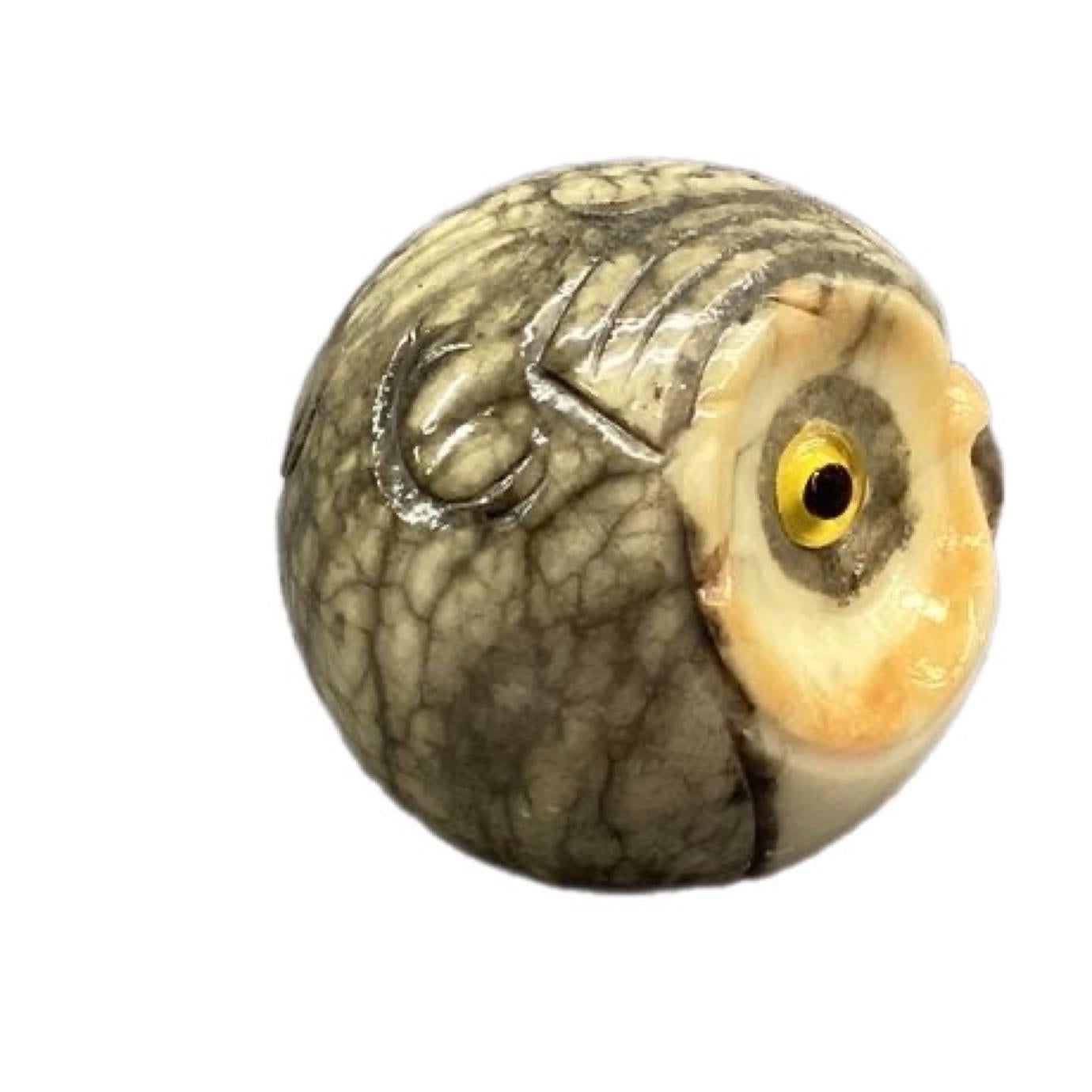 A fantastic mid-century Italian marble paperweight with yellow glass eyes. Carved beautifully. Measures 3” x 3”. Circa 1960’s