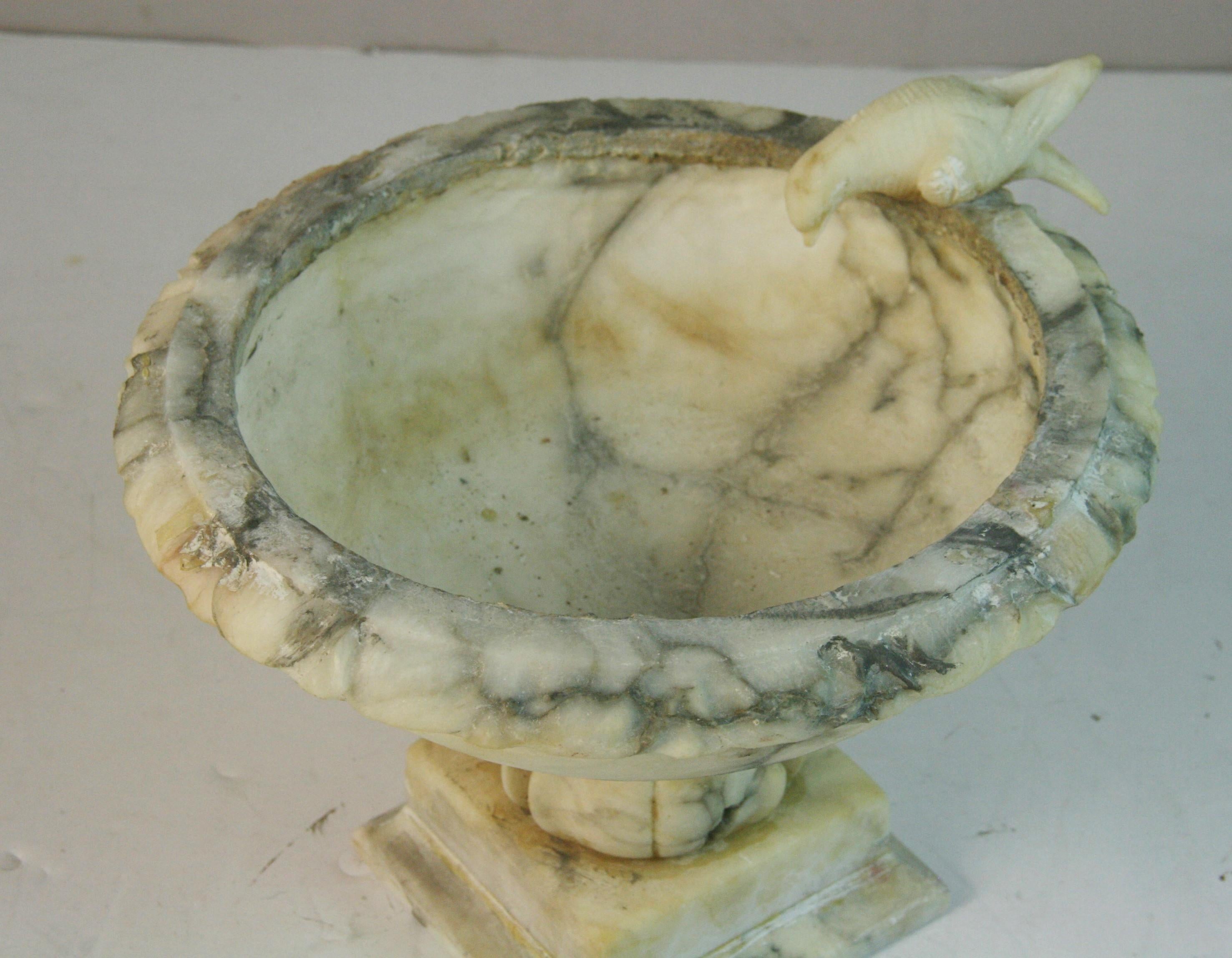 Vintage Italian Alabaster Tazza Compote Bowl with Carved Bird For Sale 1
