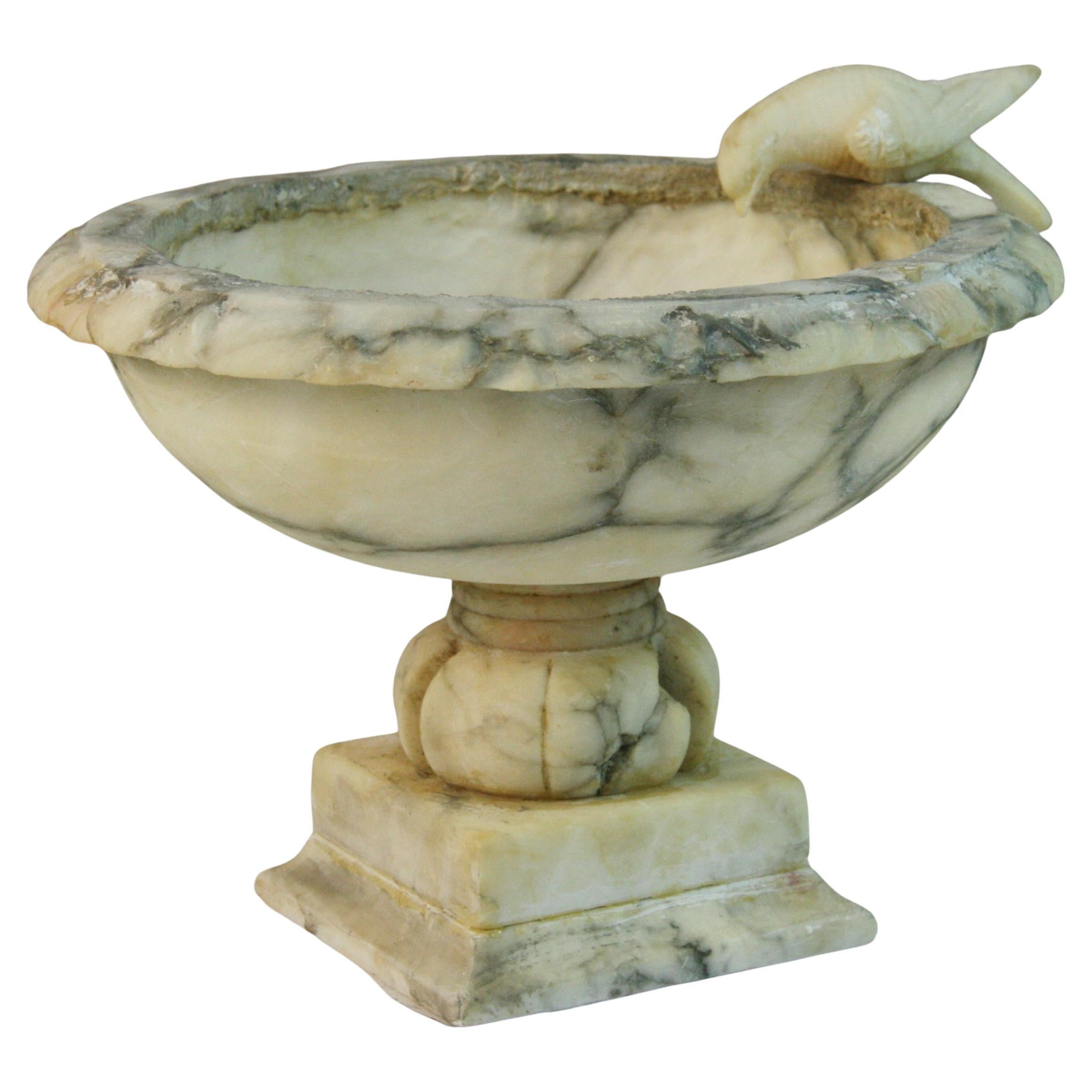 Vintage Italian Alabaster Tazza Compote Bowl with Carved Bird For Sale