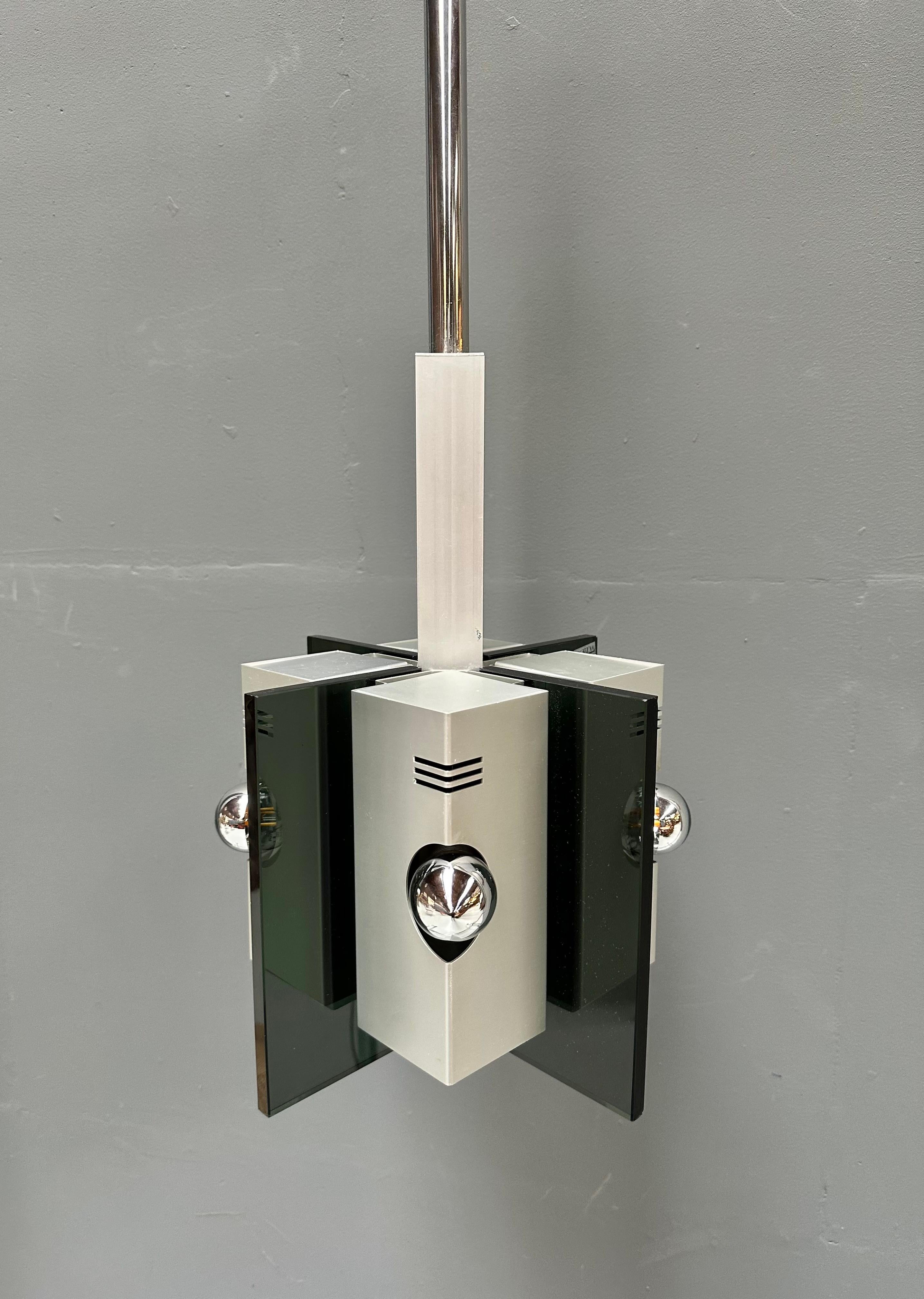 Vintage Italian Aluminum & Smoked Glass Pendant Lamp, 1970s. For Sale 9