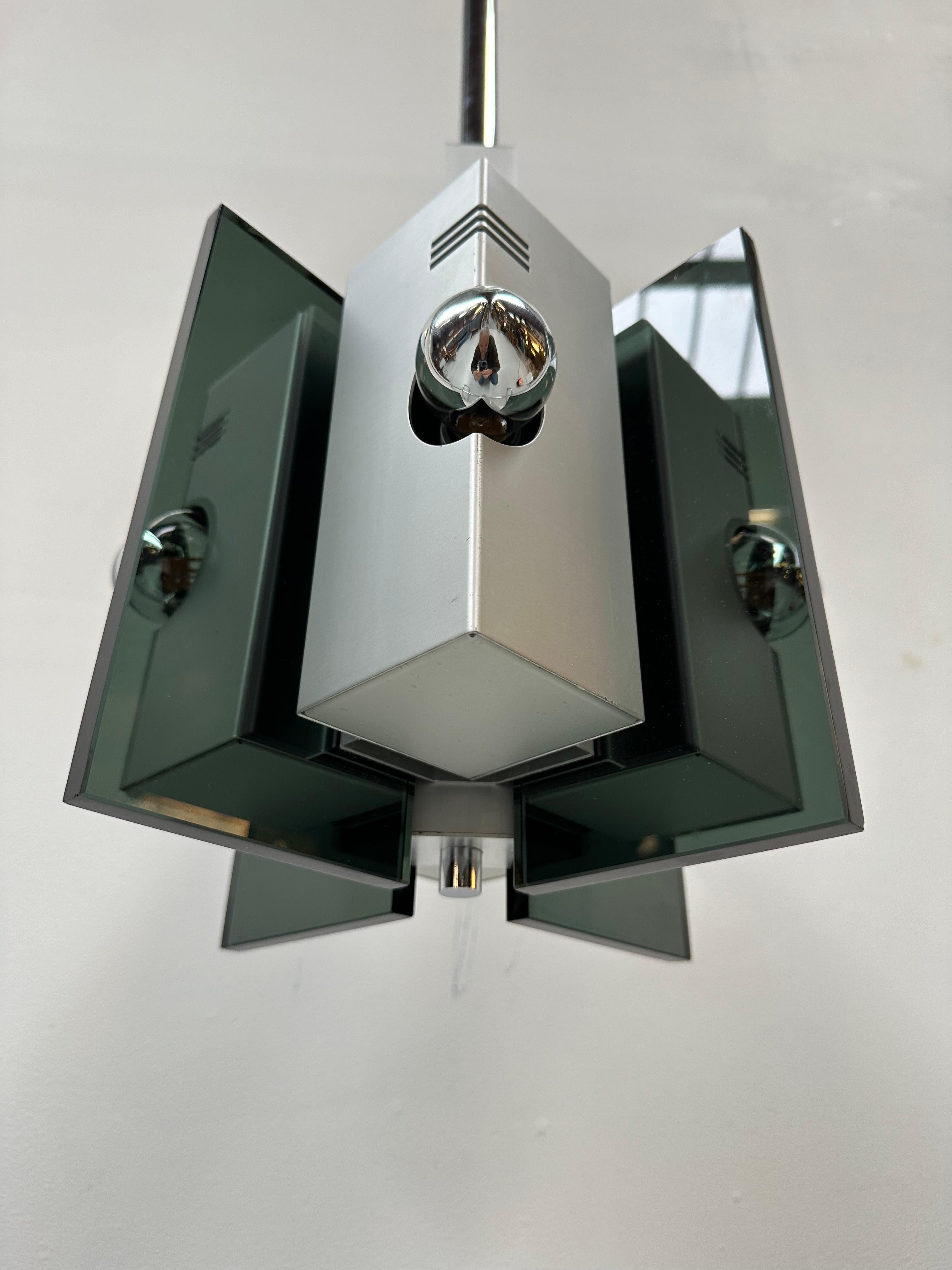 Vintage Italian Aluminum & Smoked Glass Pendant Lamp, 1970s. In Good Condition For Sale In Eindhoven, Noord Brabant