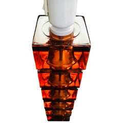 Vintage Italian Amber Colored Glass Cube and Brass Table Lamp