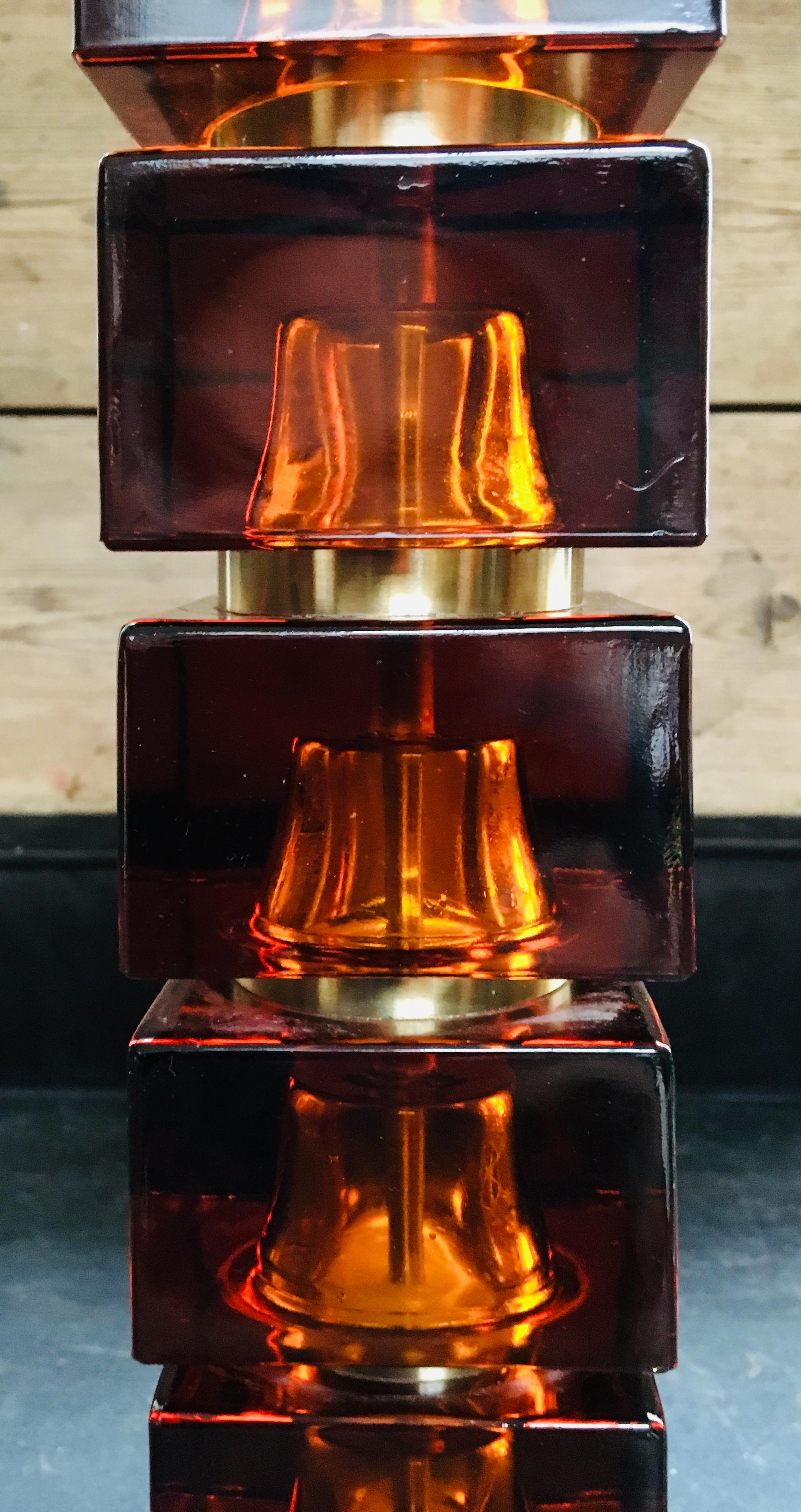 20th Century Vintage Italian Amber Colored Glass Cube and Brass Table Lamp