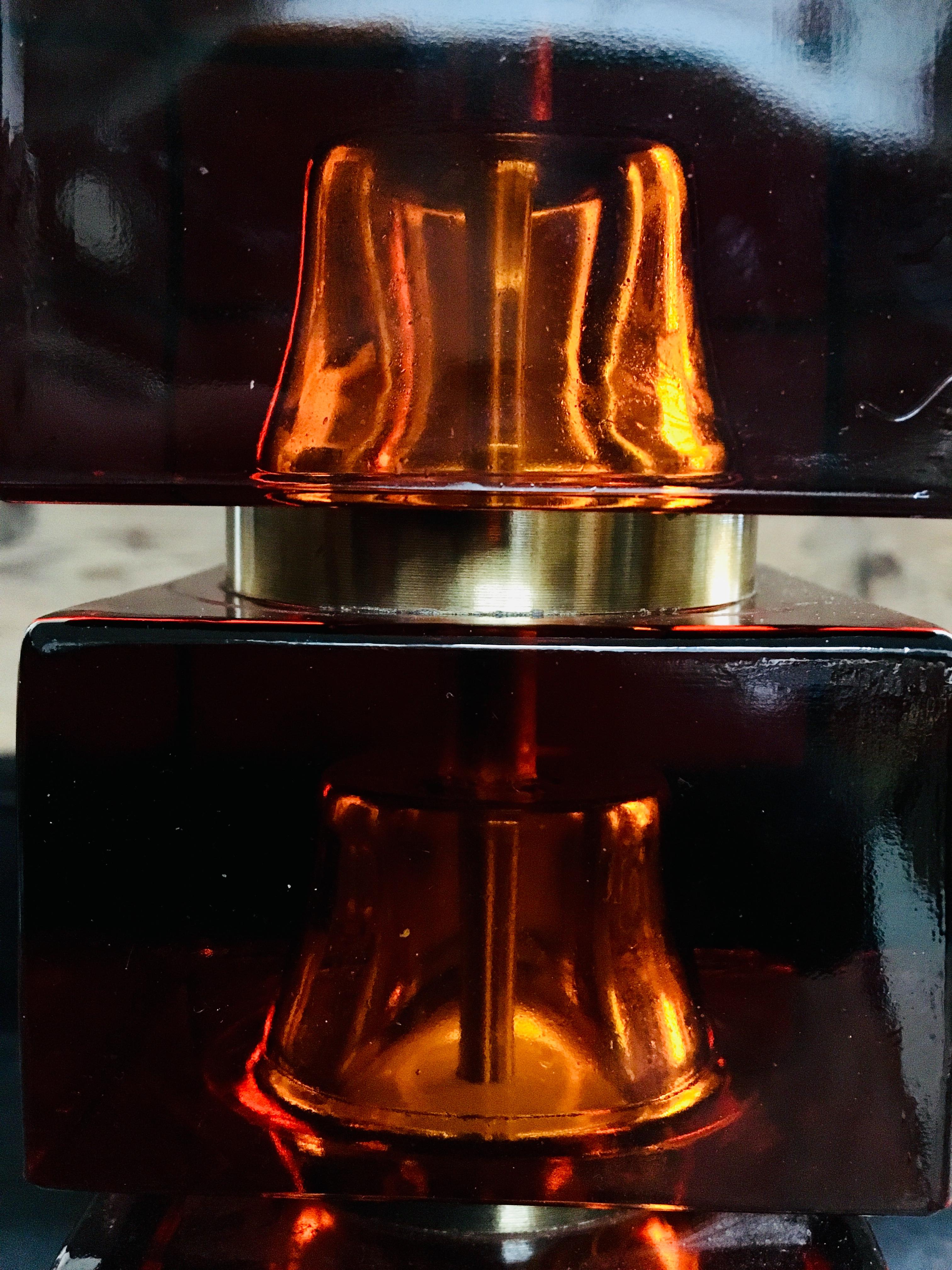 Vintage Italian Amber Colored Glass Cube and Brass Table Lamp 2