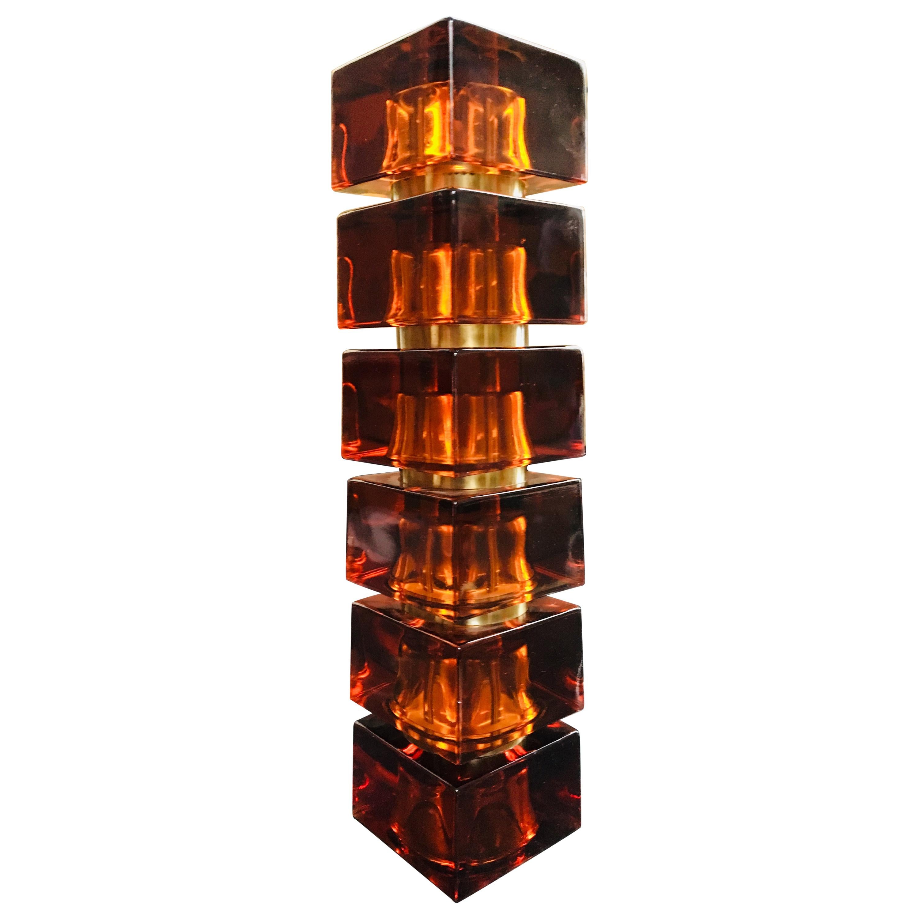 Vintage Italian Amber Colored Glass Cube and Brass Table Lamp