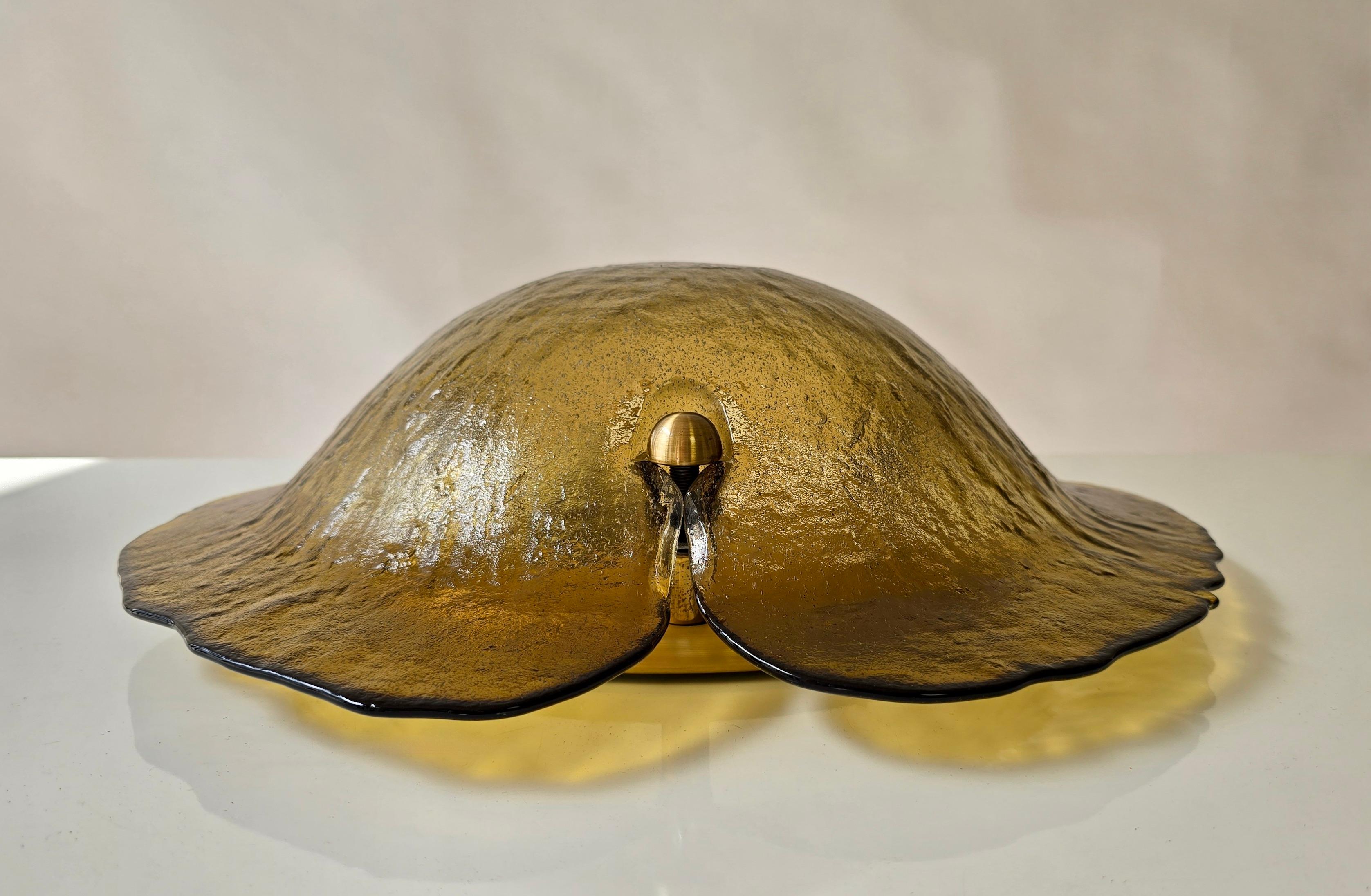Vintage Italian Amber Murano Glass Flush Mount Light, Flower Form, Mid-Century (Messing) im Angebot