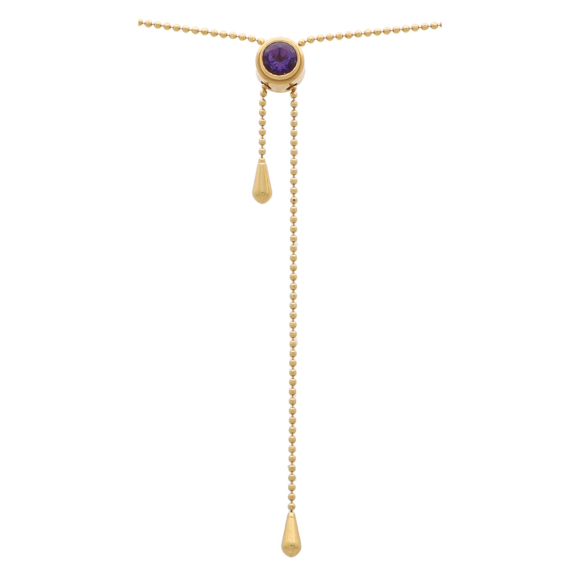 Verstellbare Quaste-Halskette aus 14 Karat Gelbgold mit italienischem Amethyst (Rundschliff) im Angebot