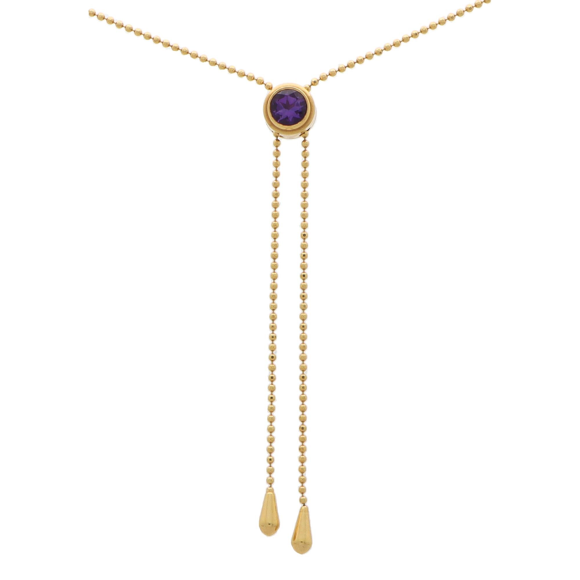 Round Cut Vintage Italian Amethyst Adjustable Tassel Necklace Set in 14k Yellow Gold For Sale