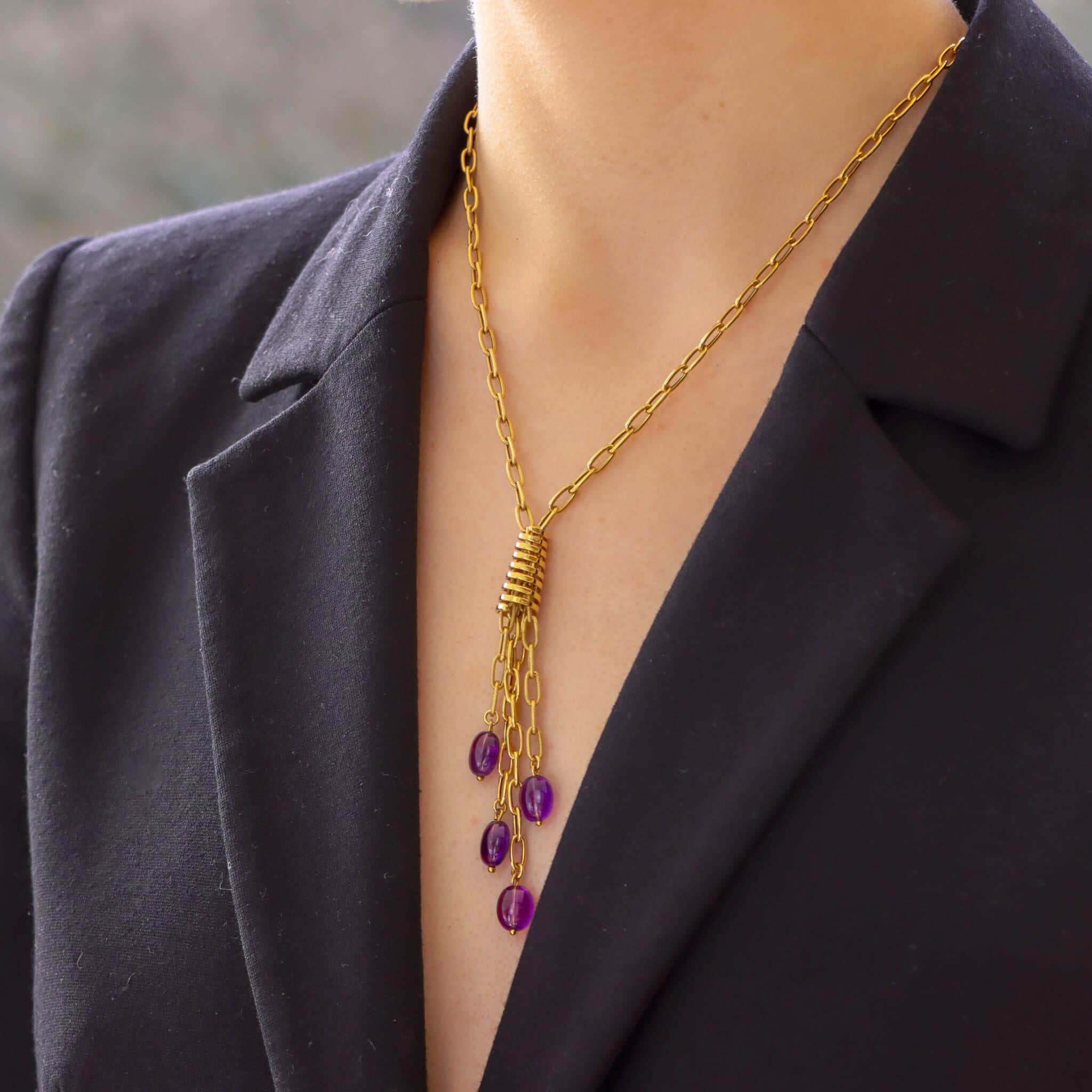 Retro Vintage Italian Amethyst Chain Link Tassel Necklace Set in 18k Yellow Gold