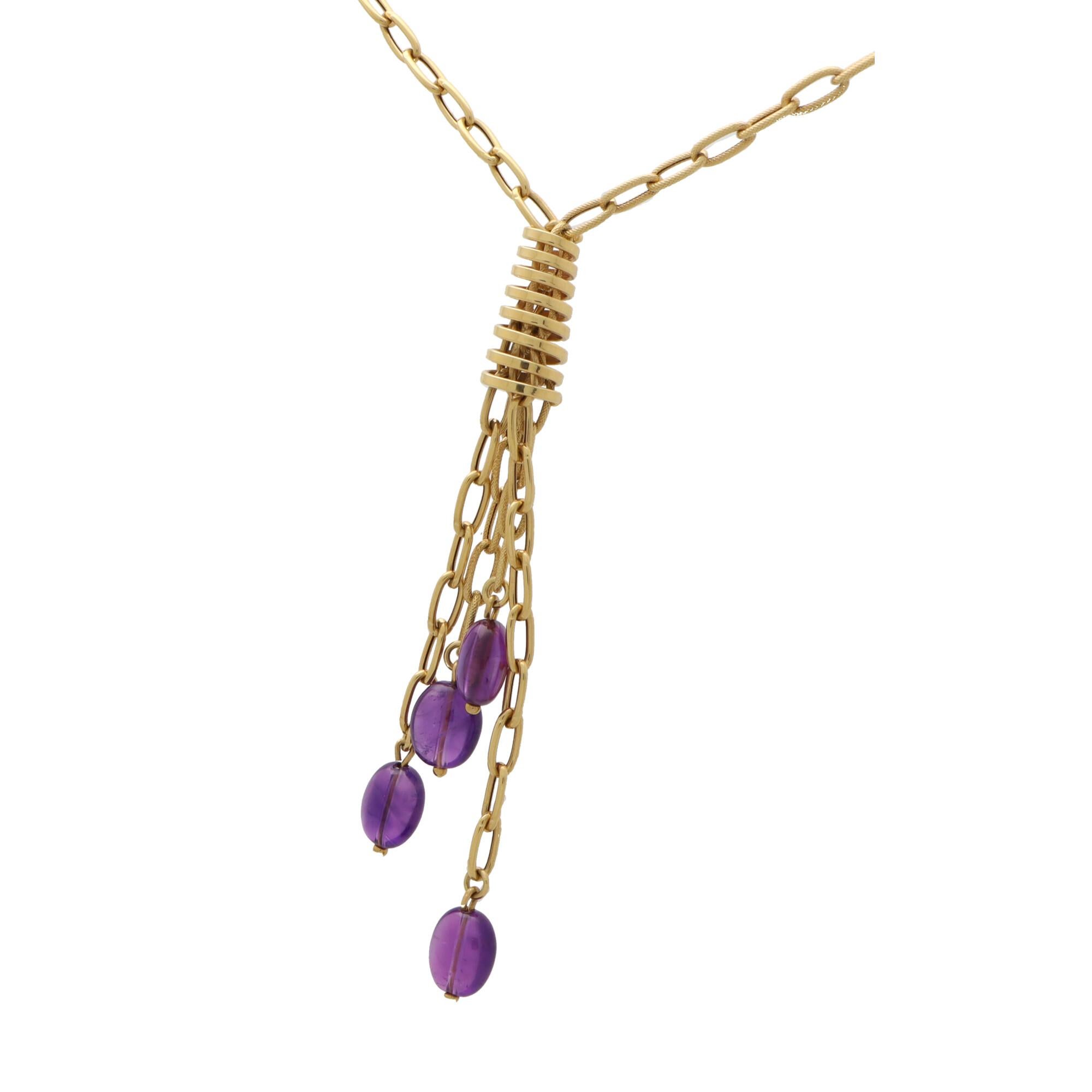 Women's or Men's Vintage Italian Amethyst Chain Link Tassel Necklace Set in 18k Yellow Gold