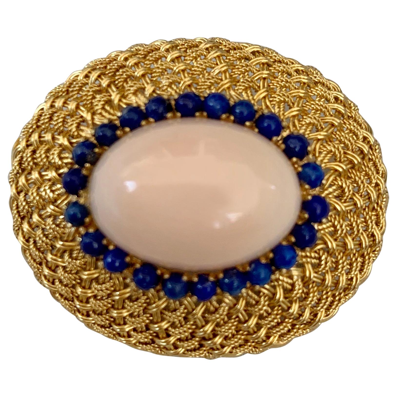Vintage Italian Angel Skin Coral and Lapis Lazuli 18 Karat Yellow Gold Brooch
