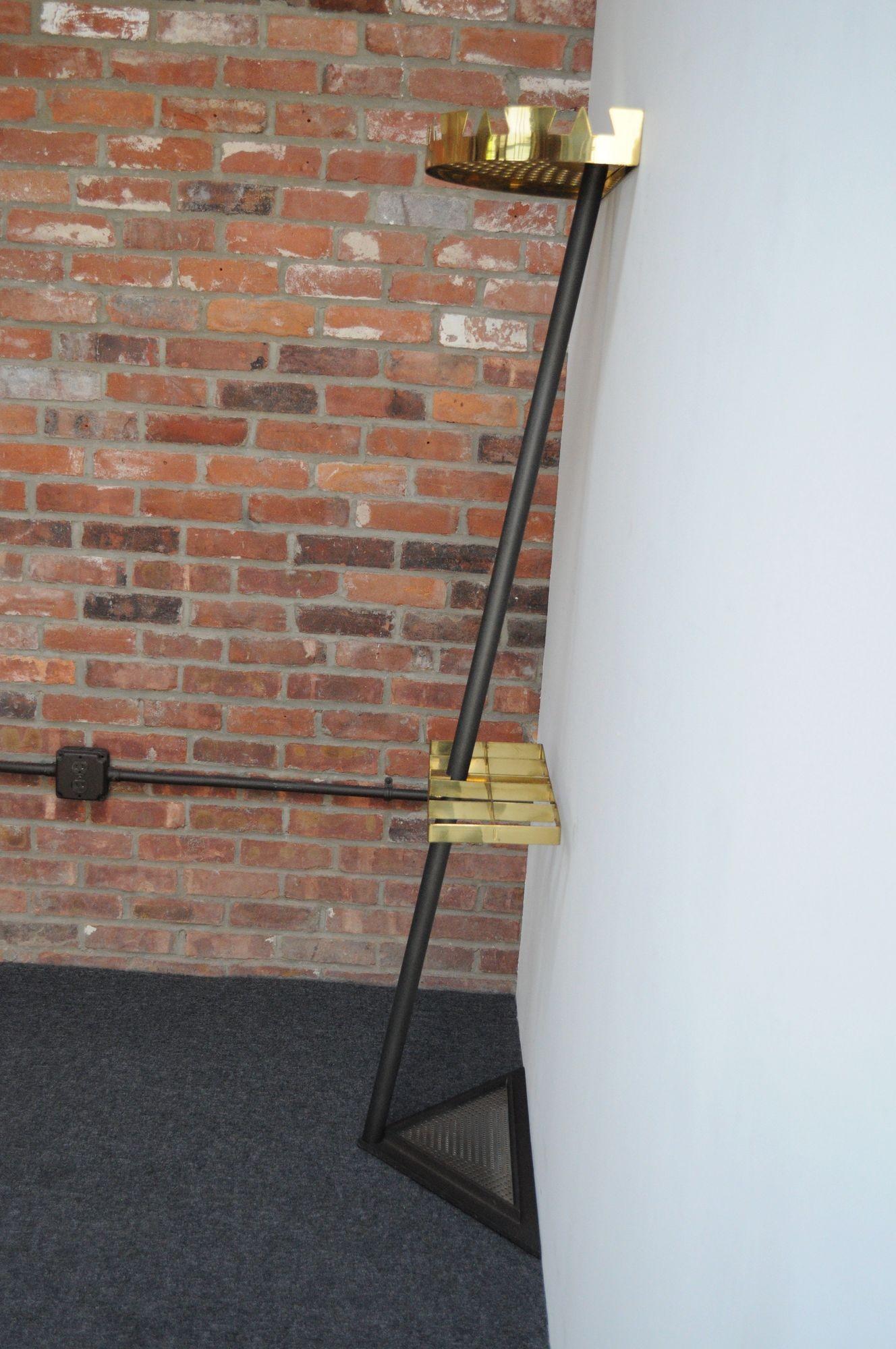 Metal Vintage Italian Angled Coat Rack with Umbrella Stand in Painted Steel and Brass For Sale