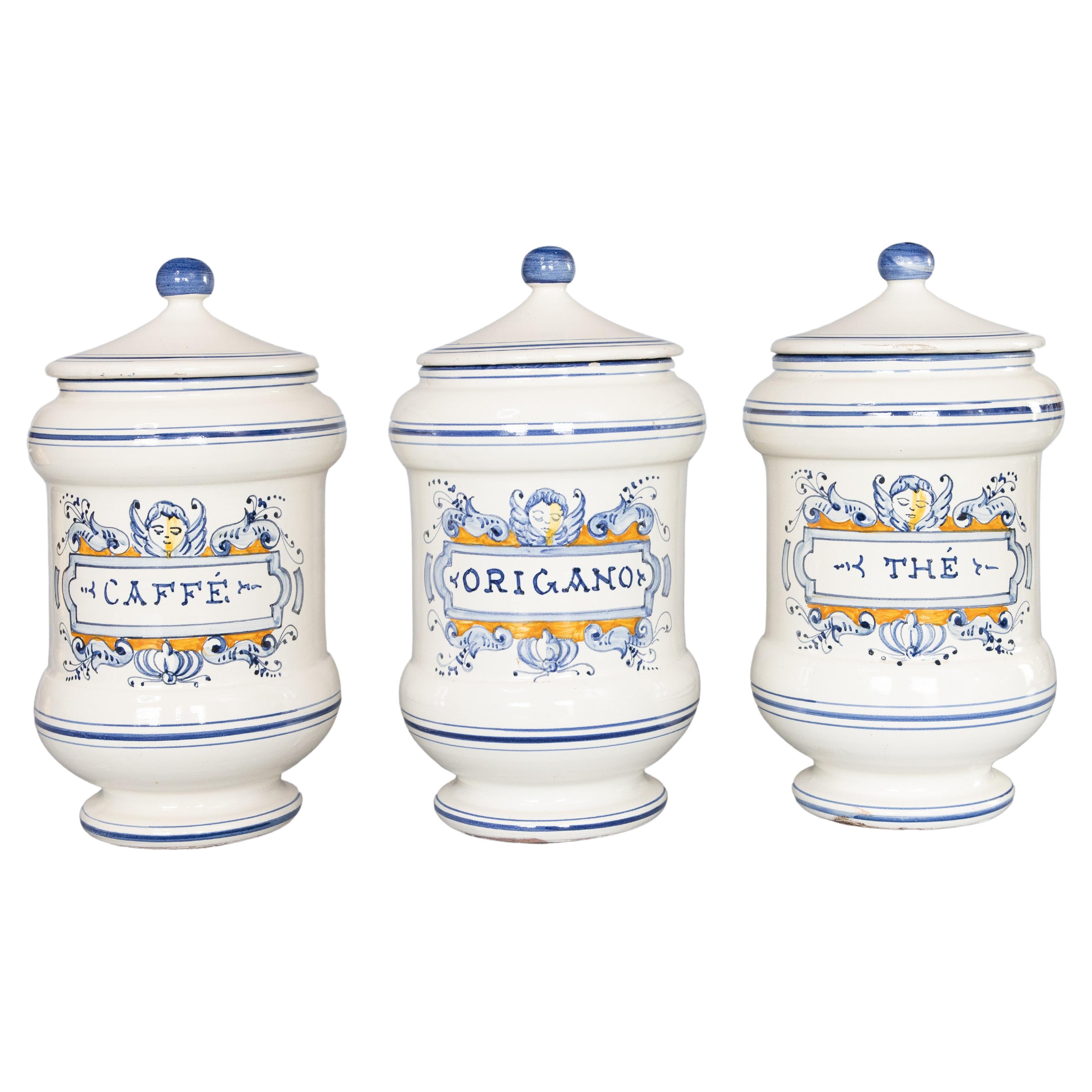 Set of 3 Italian Apothecary Lidded Kitchen Jars, circa 1930