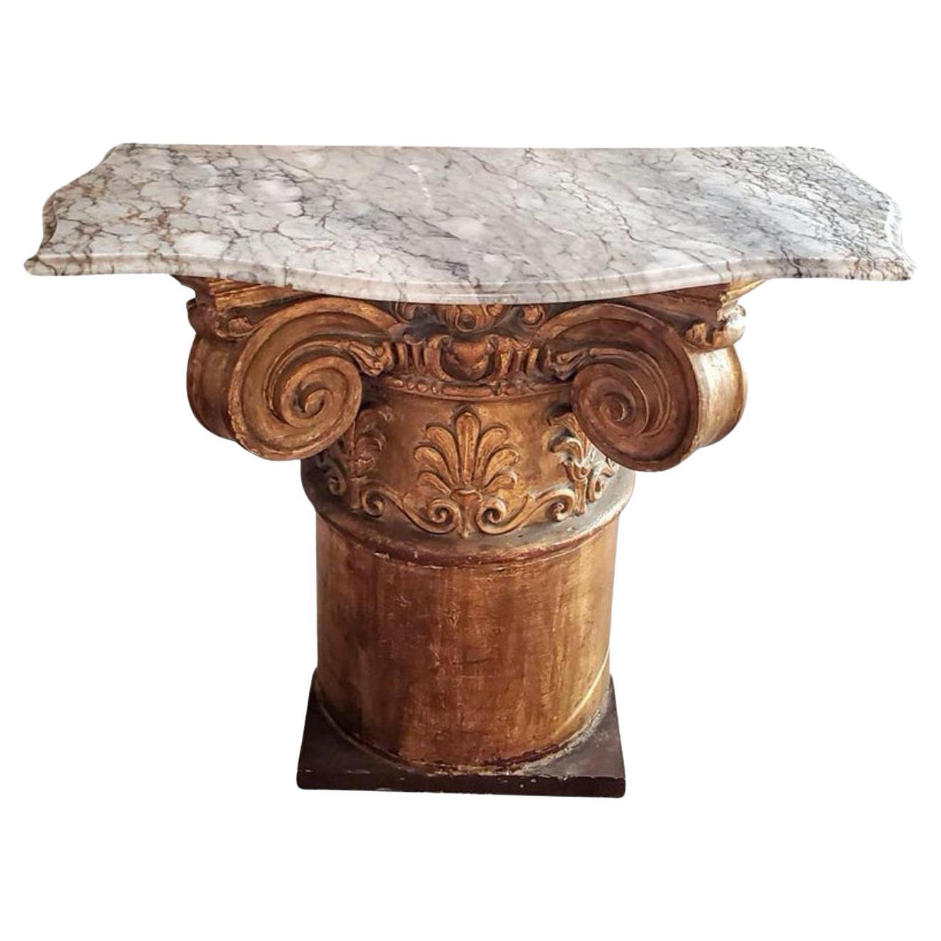 Vintage Italian Architectural Gilt Column Console Table For Sale
