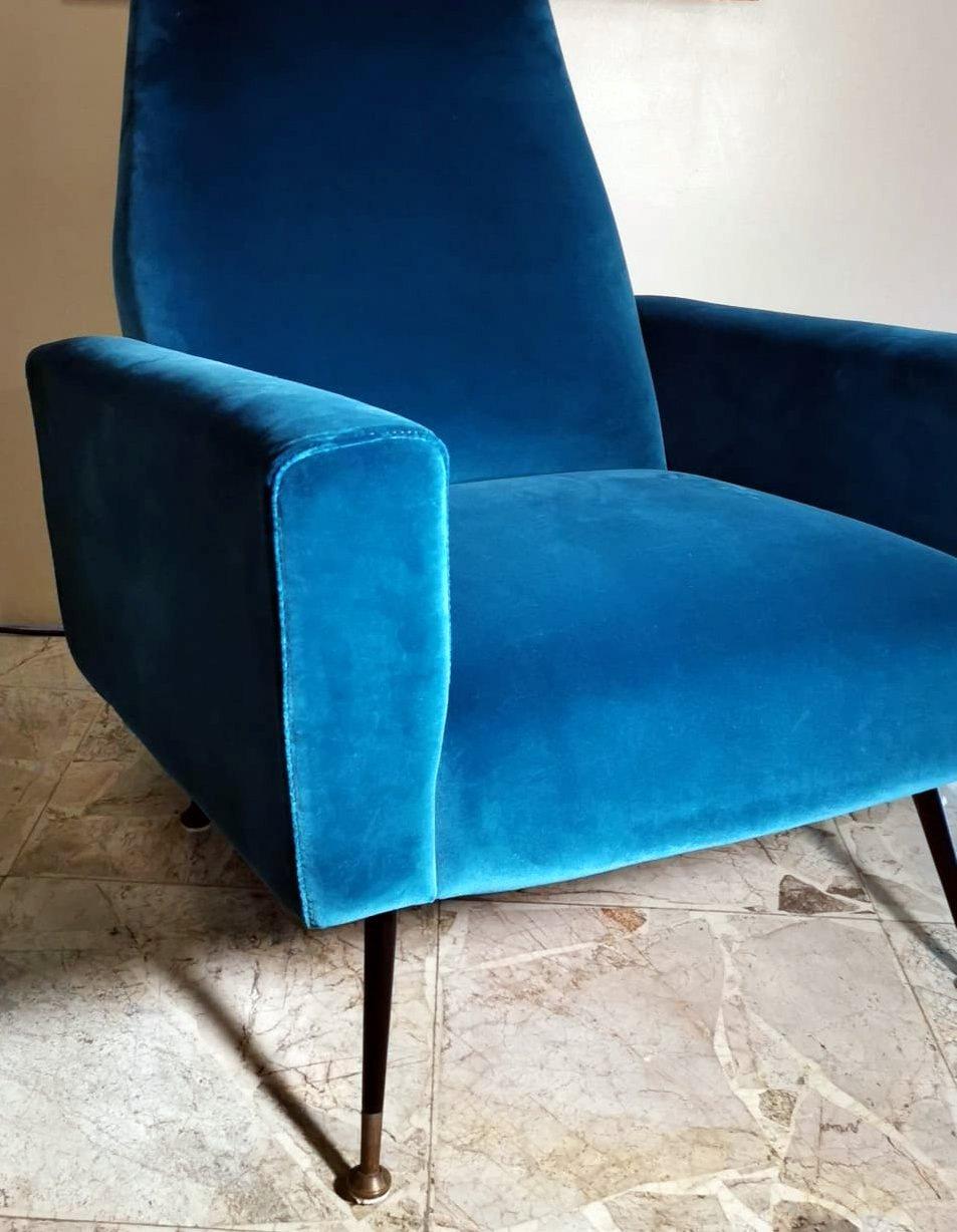 Brass Vintage Italian Armchair Upholstered and Covered in Velvet Ottanio Color For Sale