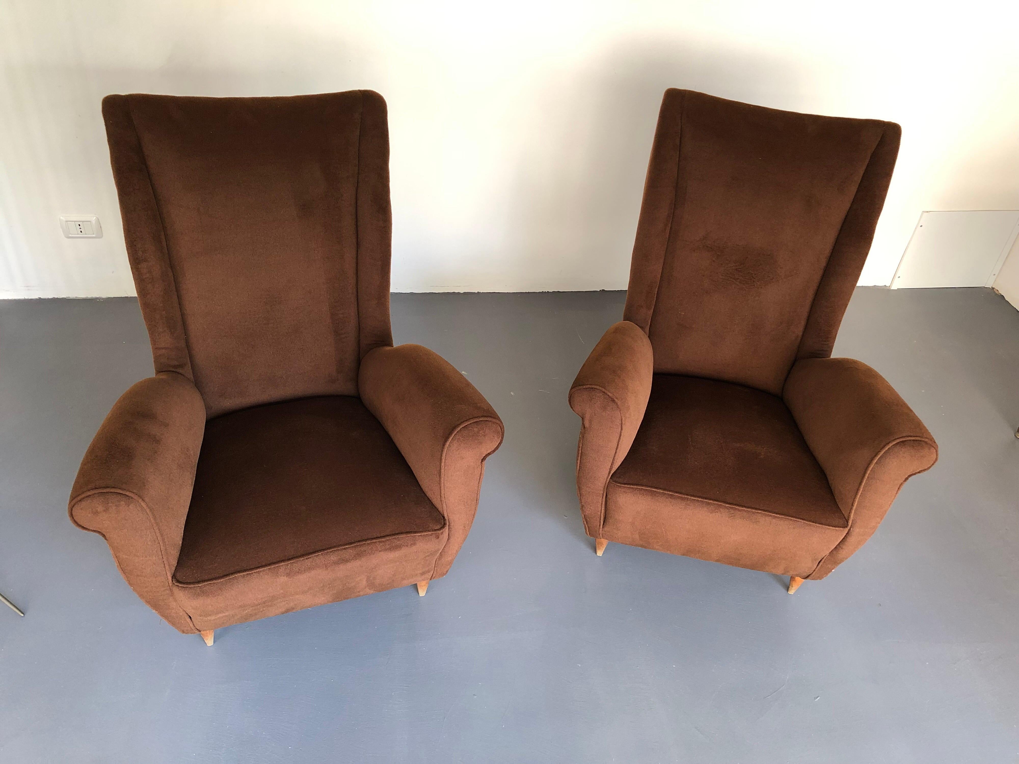 Brown velvet Vintage Italian Armchairs by Gio Ponti, 1950s, Set of 2 For Sale 6