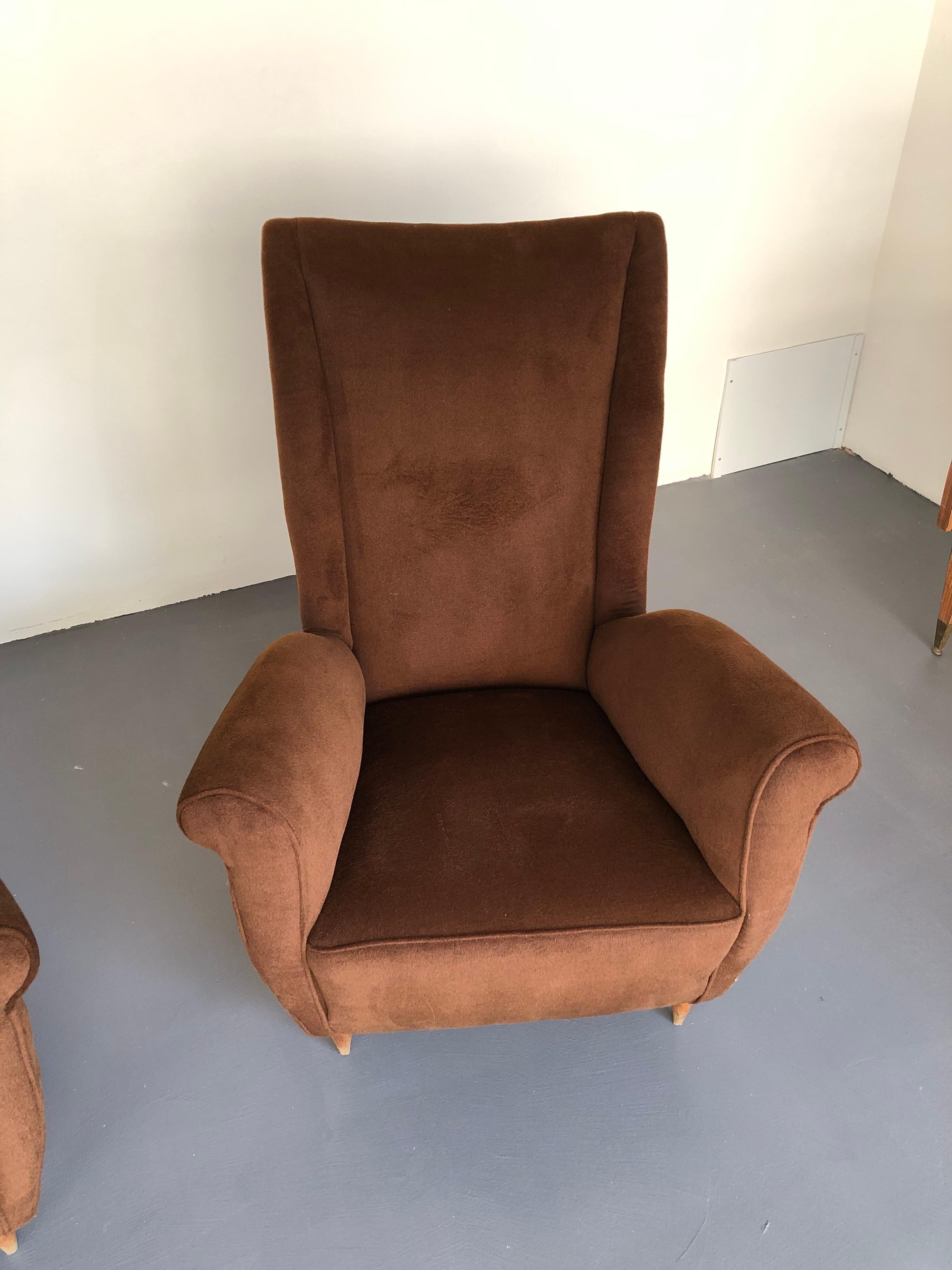 Brown velvet Vintage Italian Armchairs by Gio Ponti, 1950s, Set of 2 For Sale 7