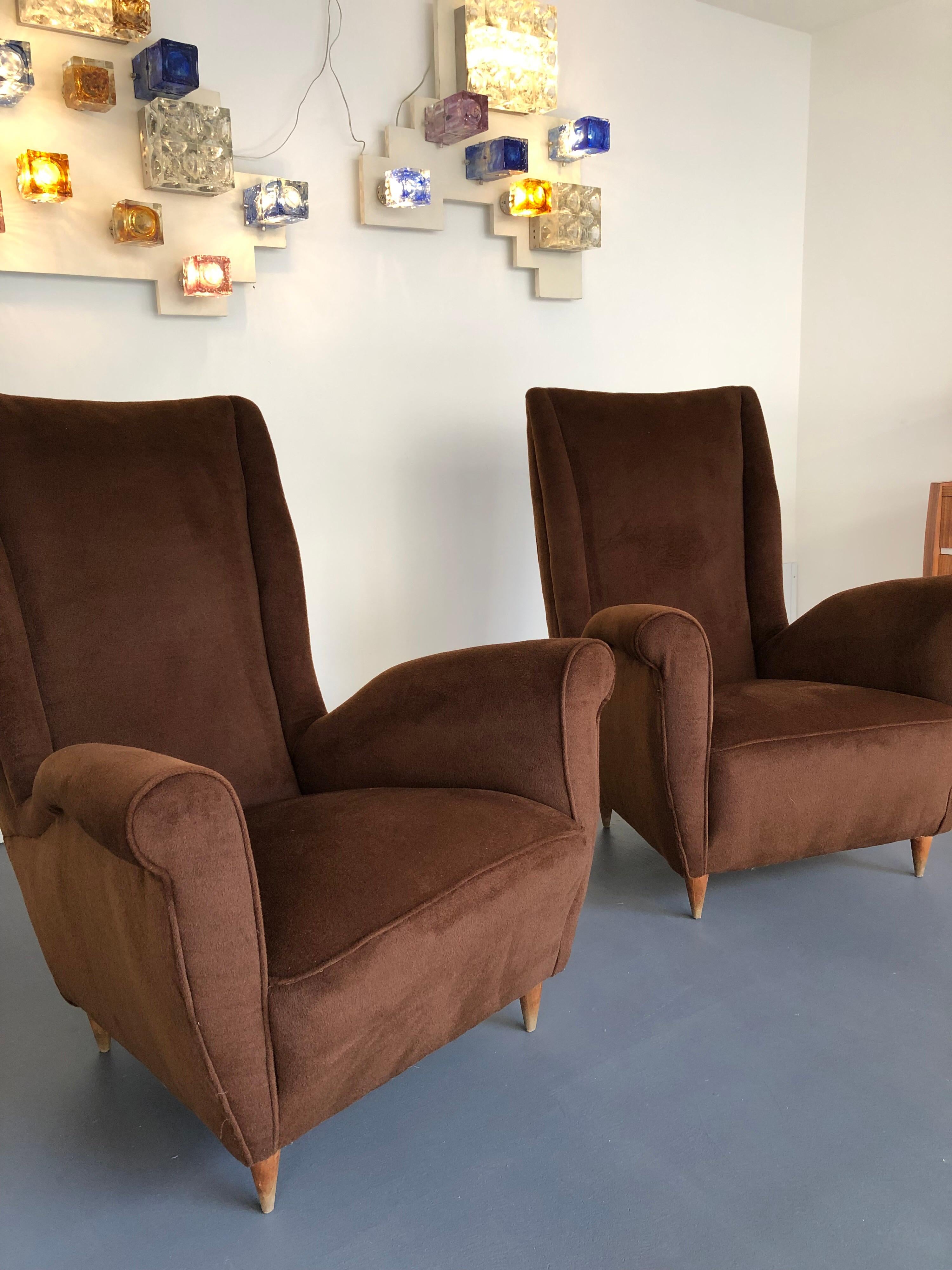 Brown velvet Vintage Italian Armchairs by Gio Ponti, 1950s, Set of 2 For Sale 8