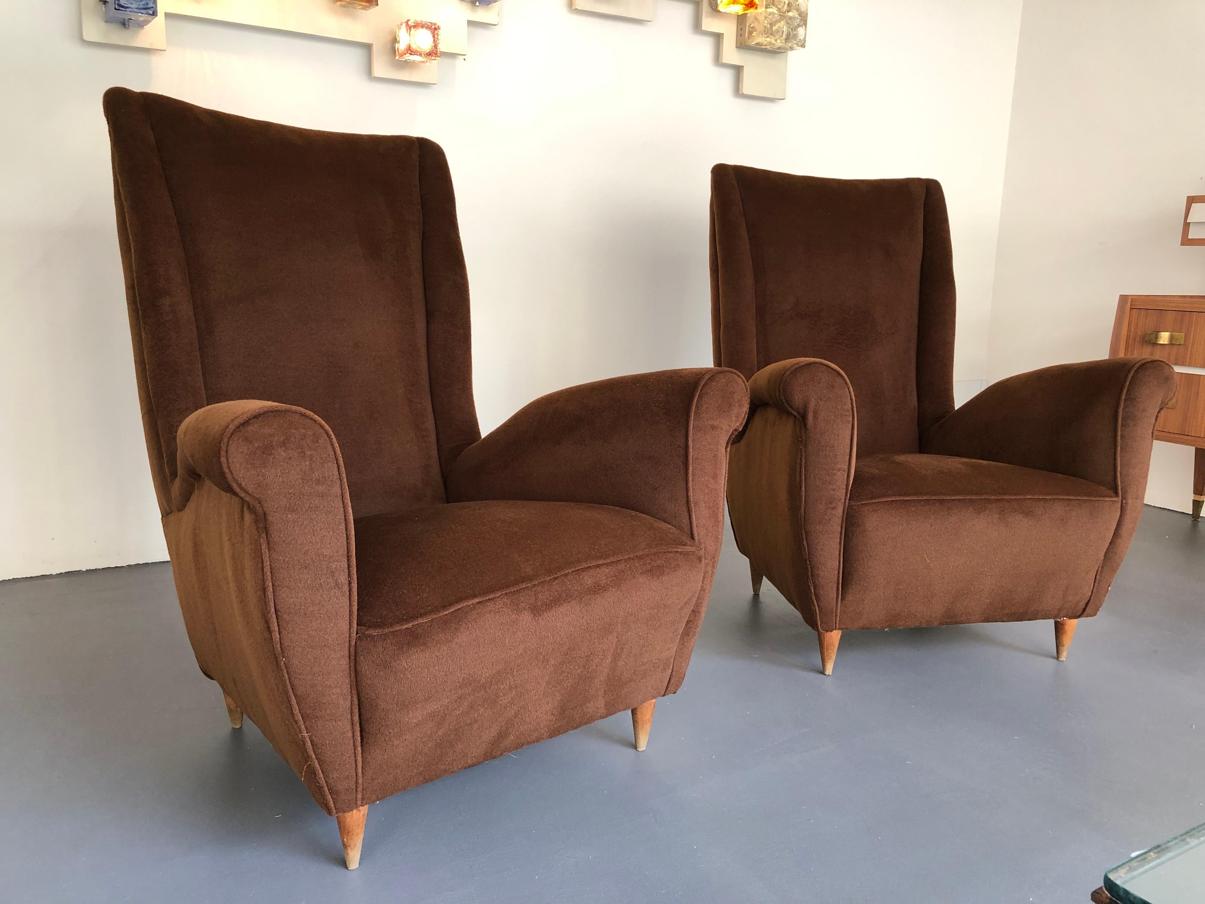 Brown velvet Vintage Italian Armchairs by Gio Ponti, 1950s, Set of 2 For Sale 9
