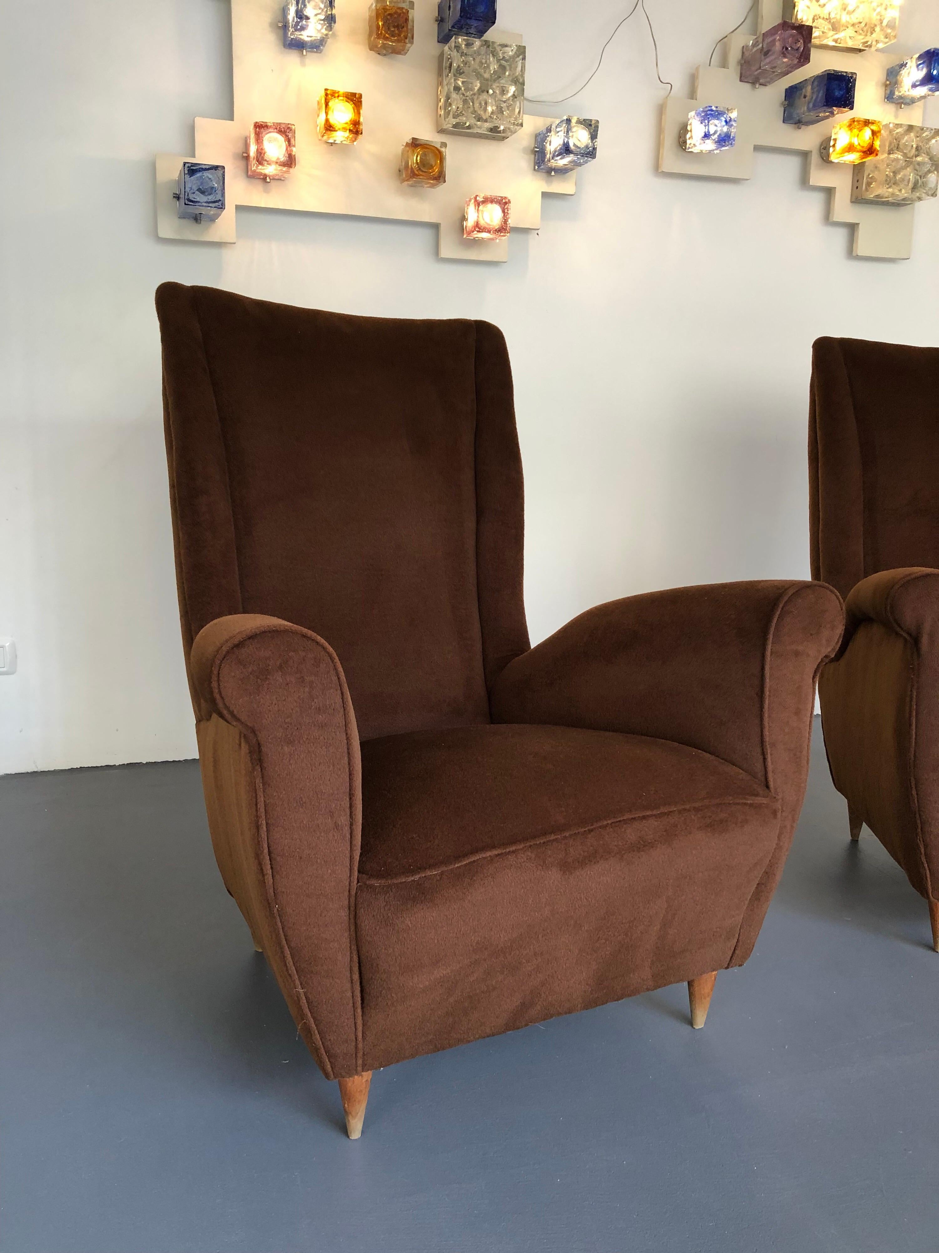 Brown velvet Vintage Italian Armchairs by Gio Ponti, 1950s, Set of 2 For Sale 11