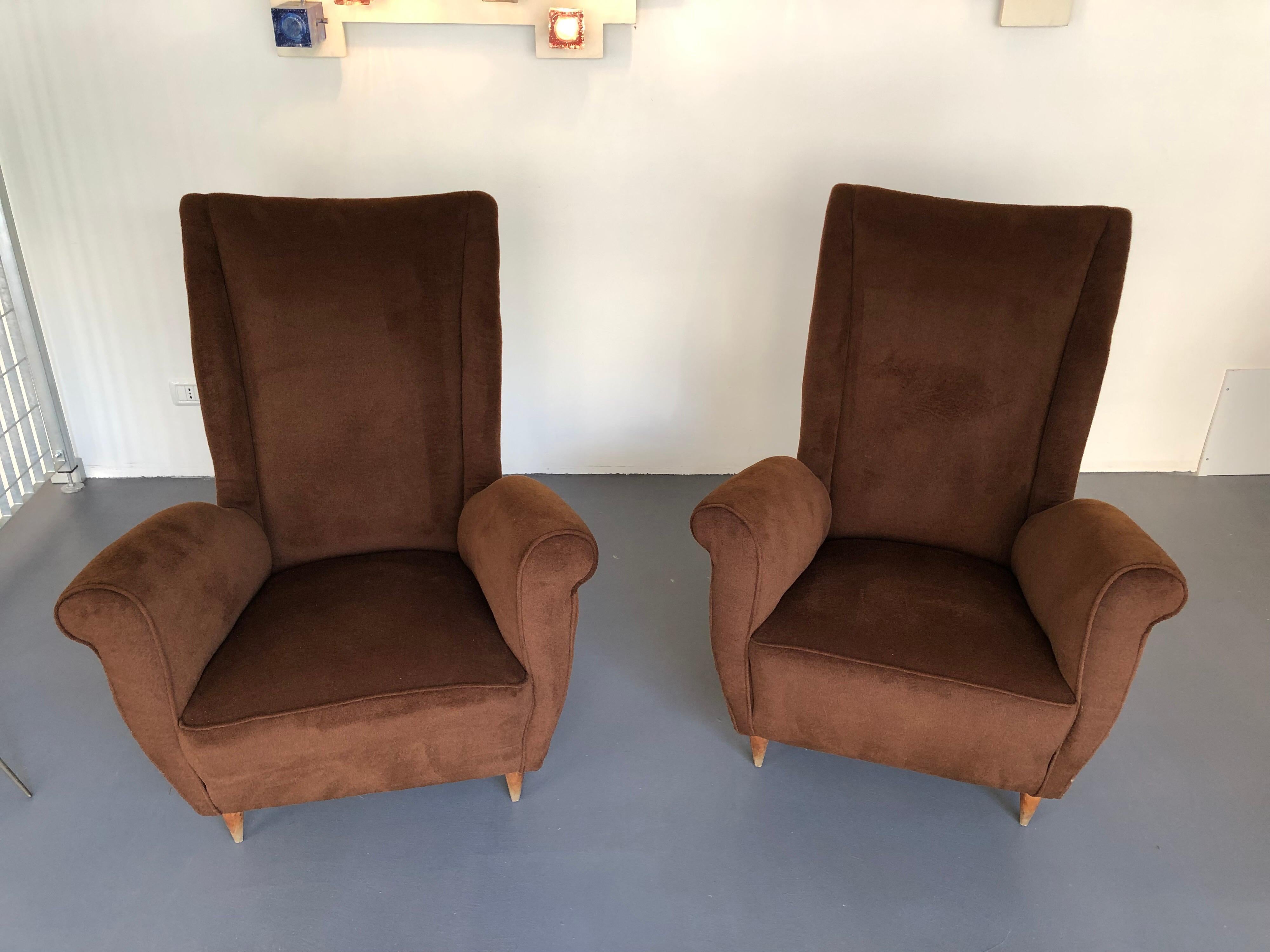 Brown velvet Vintage Italian Armchairs by Gio Ponti, 1950s, Set of 2 In Good Condition For Sale In Catania, IT