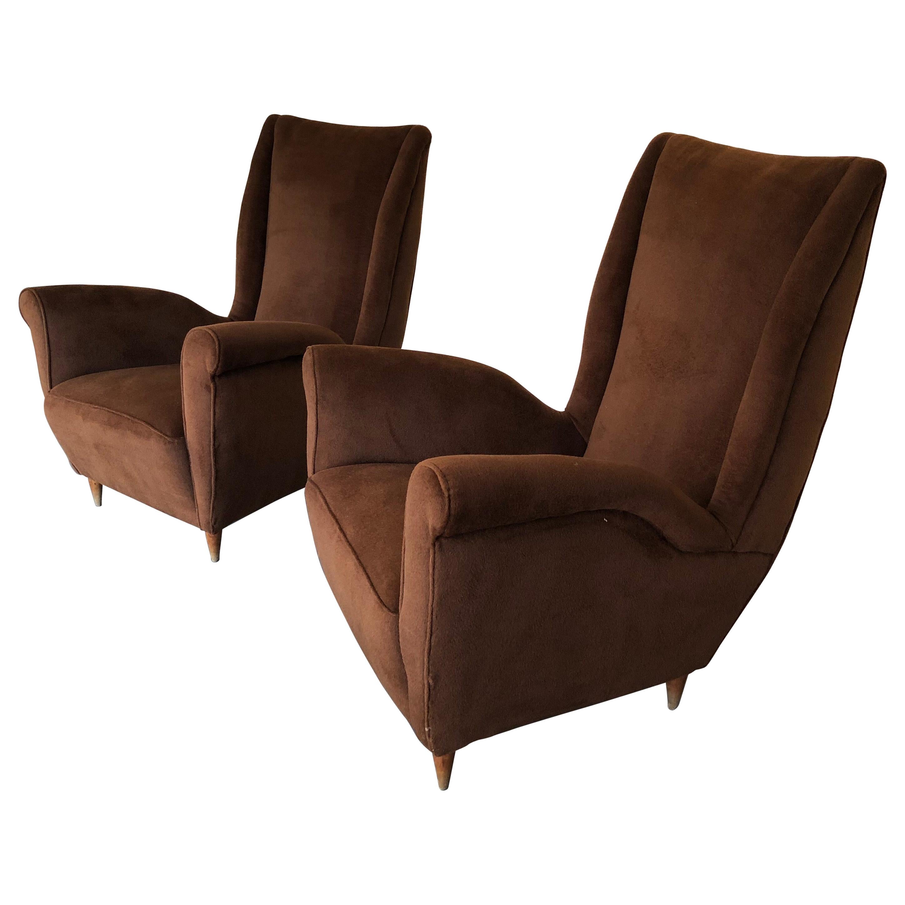 Brown velvet Vintage Italian Armchairs by Gio Ponti, 1950s, Set of 2 For Sale