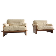 Vintage Italian Armchairs Wood and Leather 1970s, Set of 2