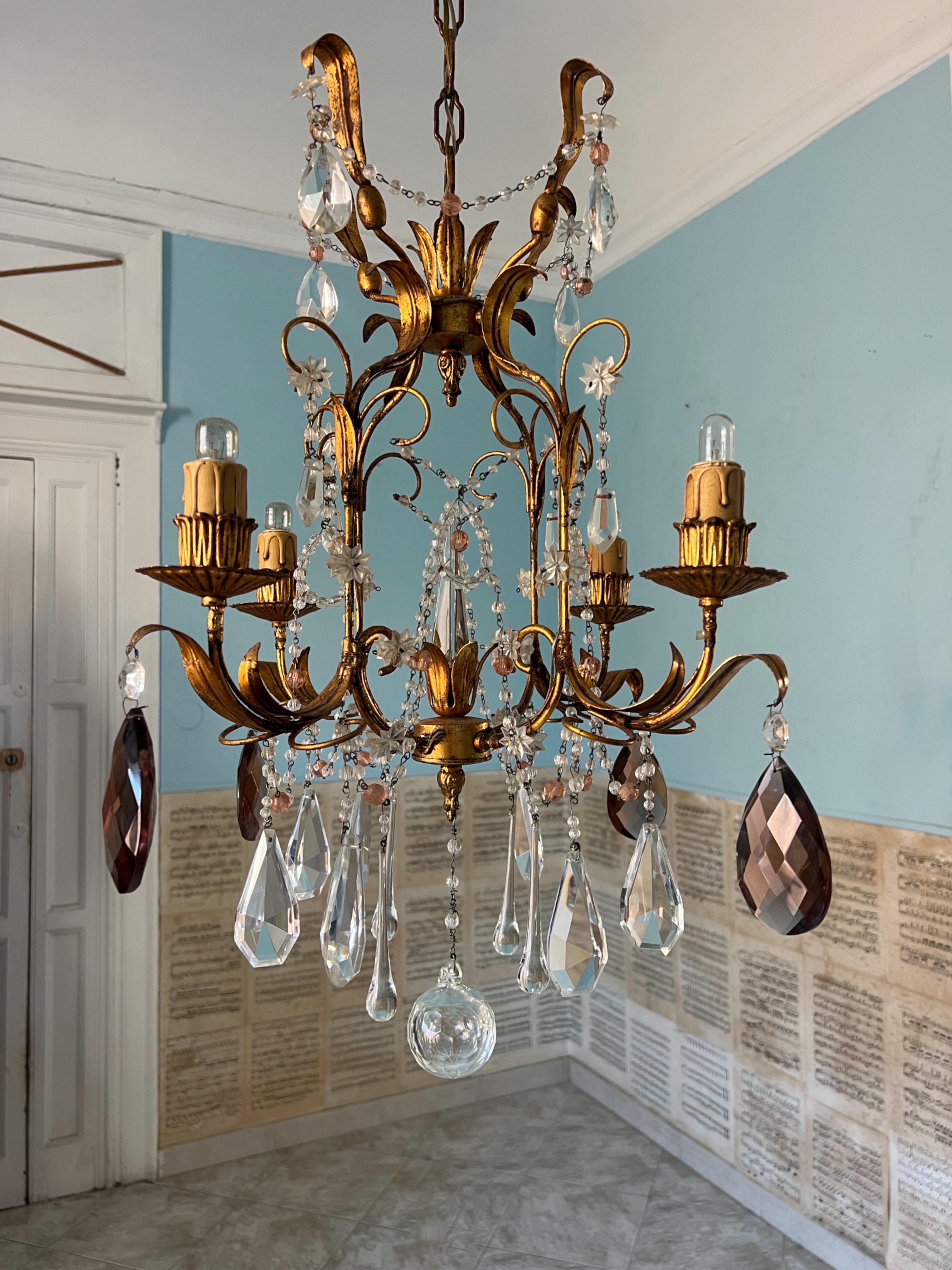 Mid-Century moderno Vintage Italian Art Deco Nouveau Murano Lampadario in vetro con perline in vendita