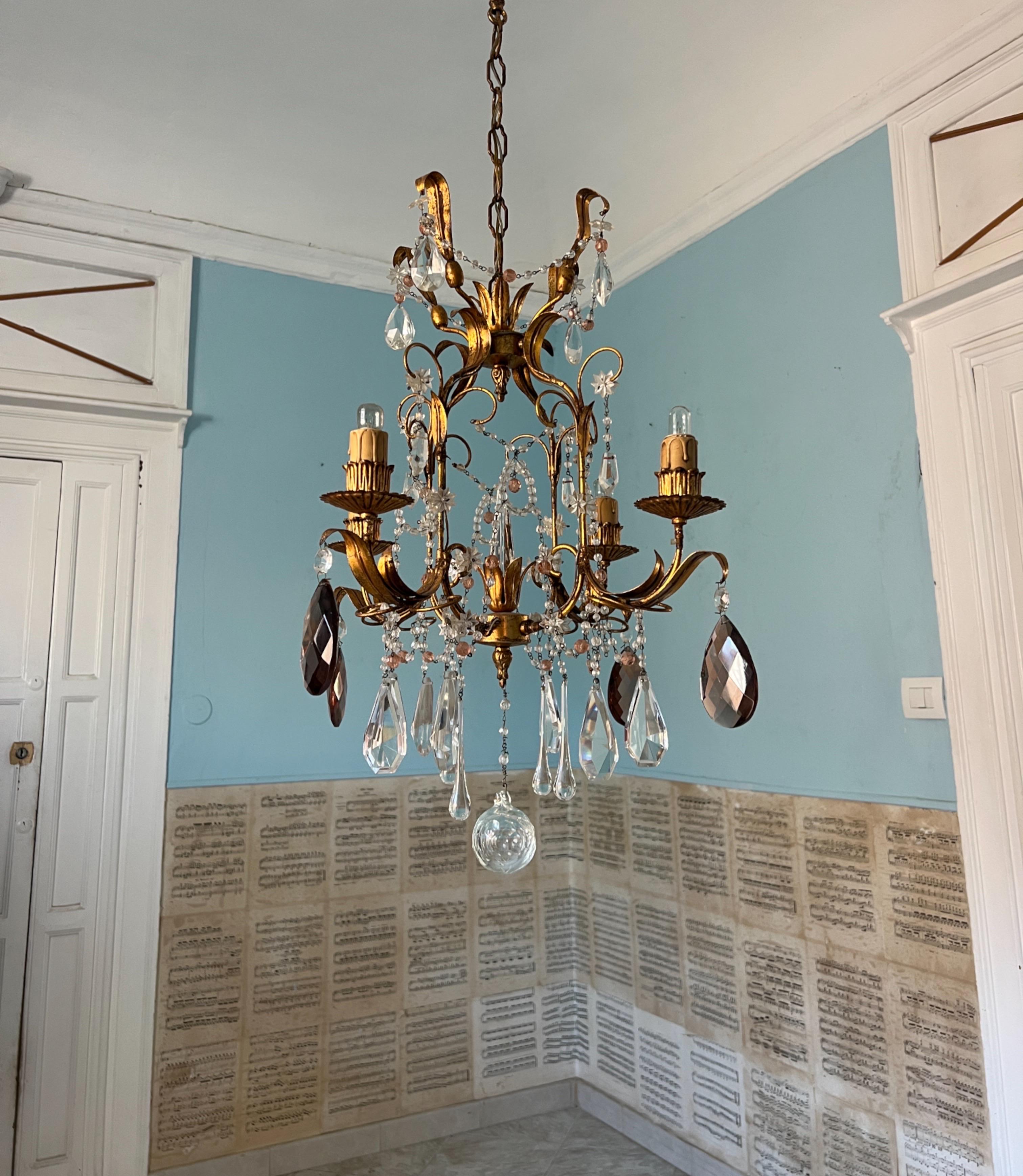 Metallo Vintage Italian Art Deco Nouveau Murano Lampadario in vetro con perline in vendita