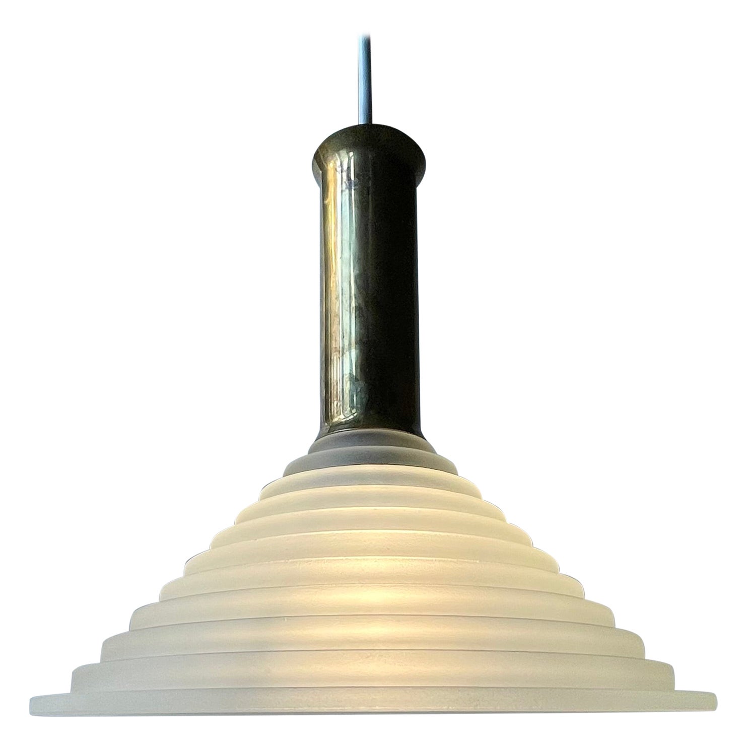 Vintage Italian Art Deco Revival Lampada a sospensione in ottone e vetro