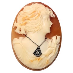 Vintage Italian Art Deco Shell Cameo with Diamond, Circa 1910-1930