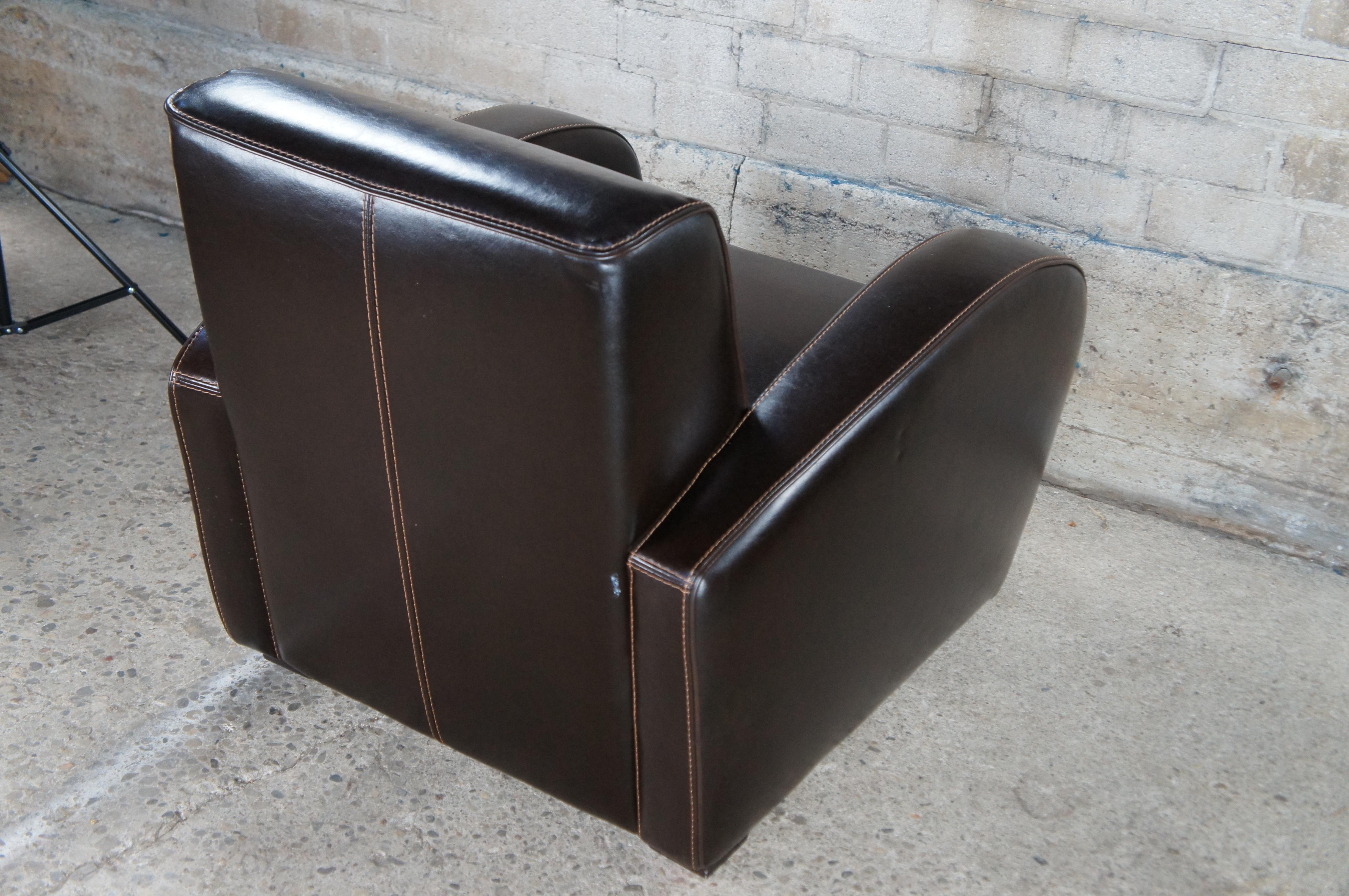 Vintage Italian Art Deco Style Upholstering Brown Leather Club Lounge Armchair 6