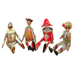 Vintage Italian Articulated Harlequin Clown Figures, Set of Four, Hand-Painted