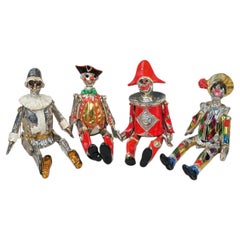 Vintage Italian Articulated Harlequin Clown Figures, Set of Four, Hand-Painted