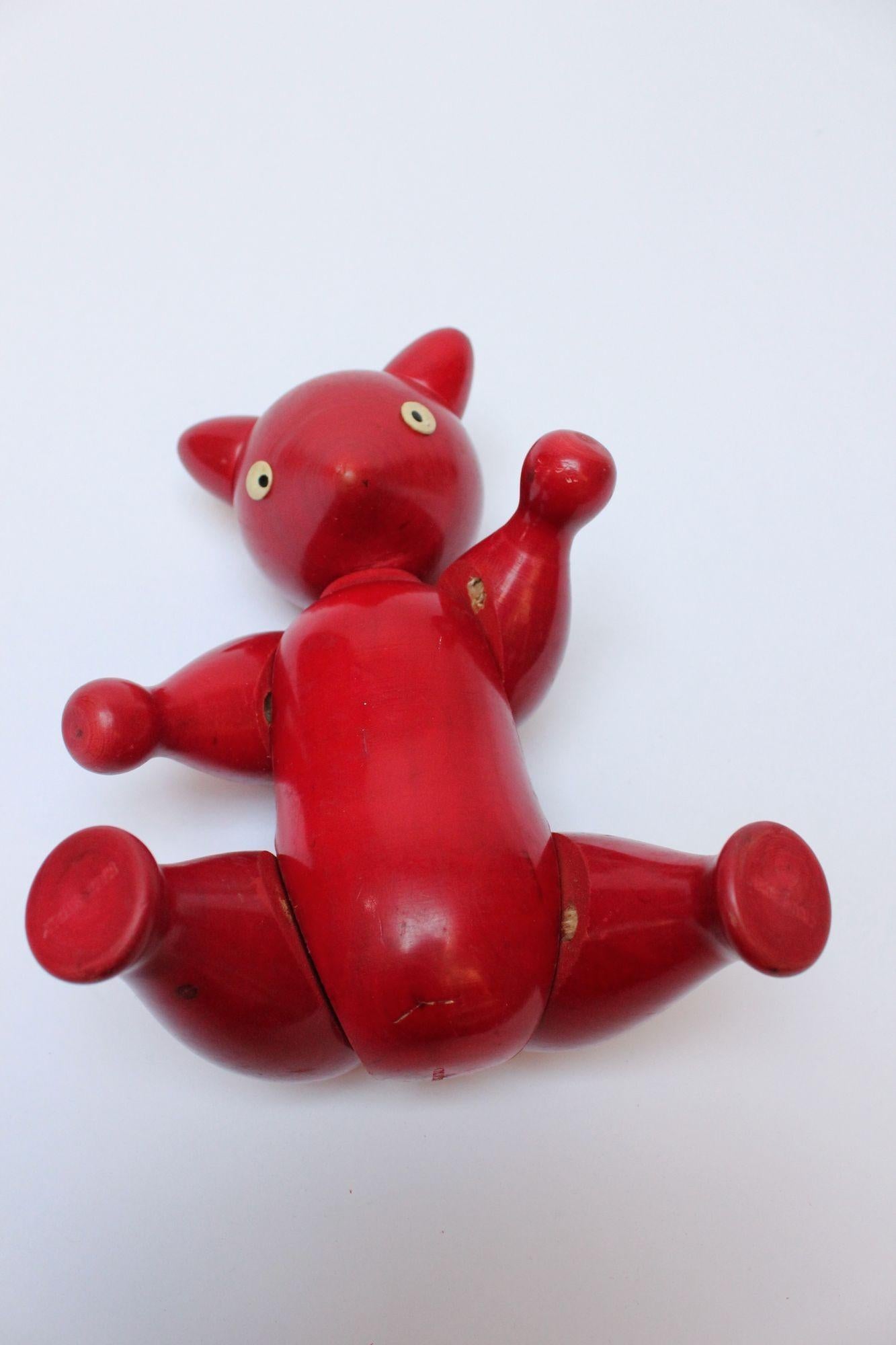 Vintage Italian Articulated Jointed Red Wooden Bear For Sale 1
