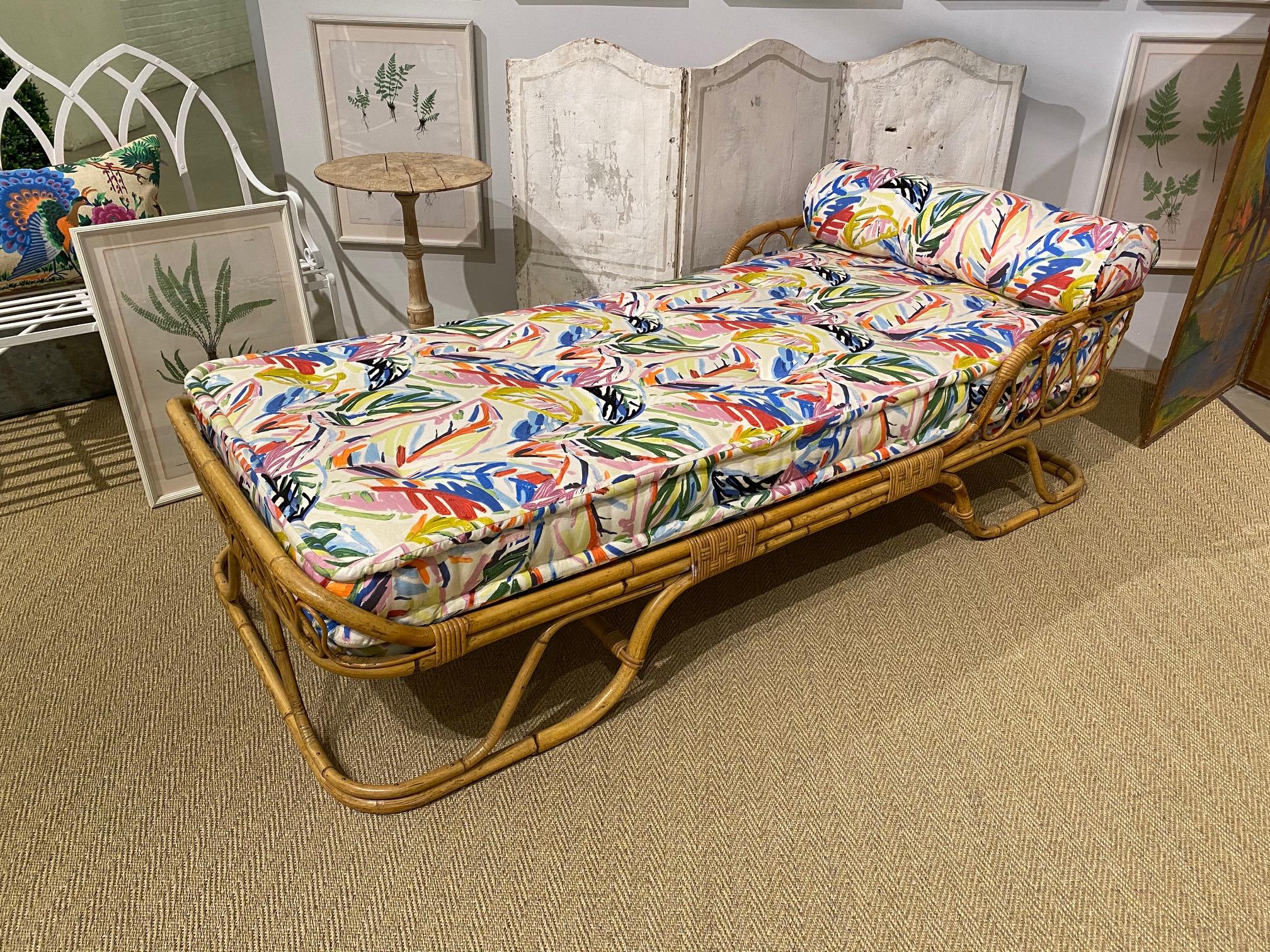 Vintage Italian bamboo daybed with custom mattress and bolster pillow in George Spencer designs 