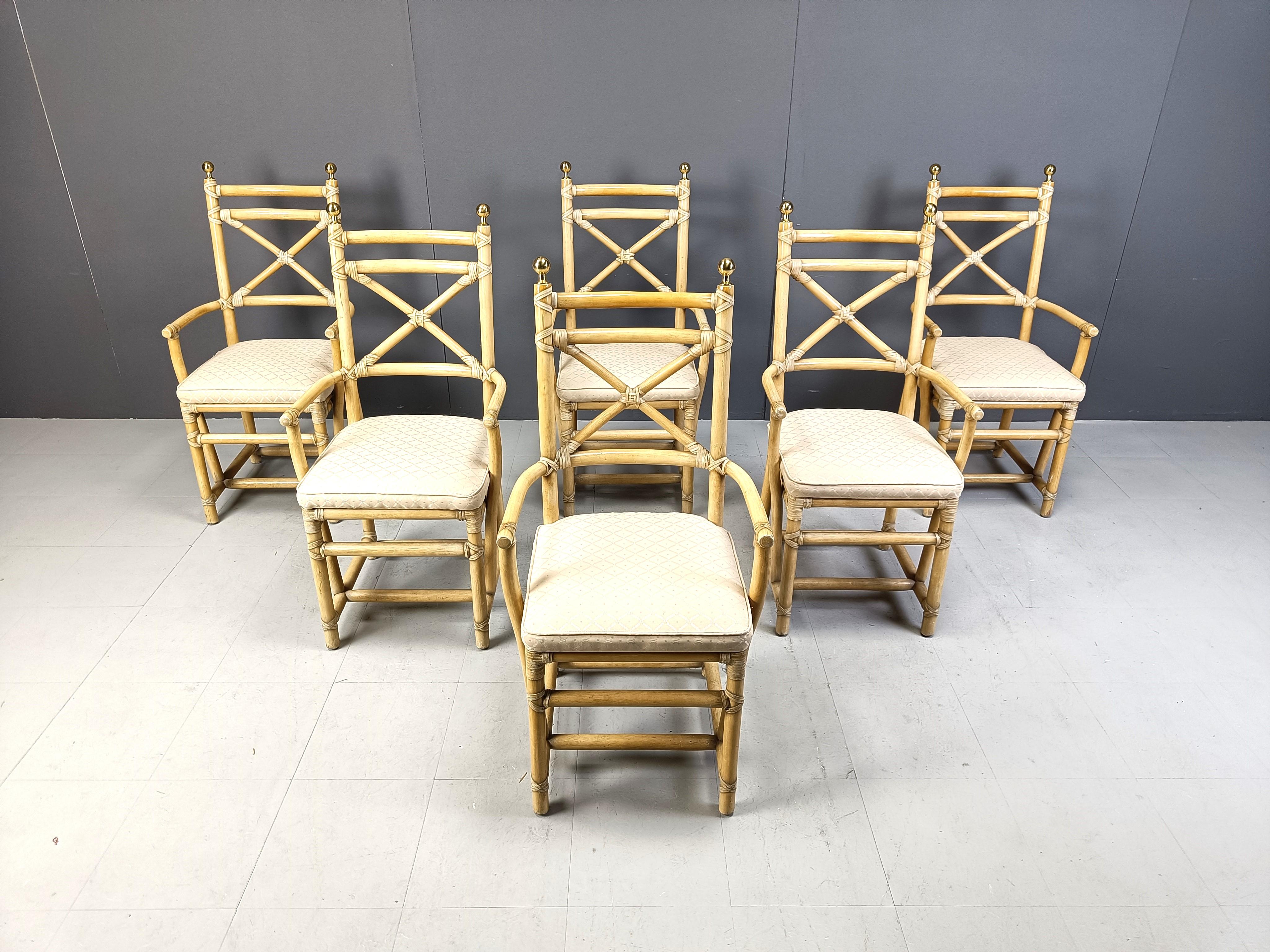 Very elegant and high quality dining chairs made from bamboo and fabric upholstery with brass finials by Gasparucci Italo.

1980s - Italy

Timeless design

Dimensions:
Height: 105cm
Width: 50cm
Depth: 50cm
Seat height: 50cm

Ref.: 031947