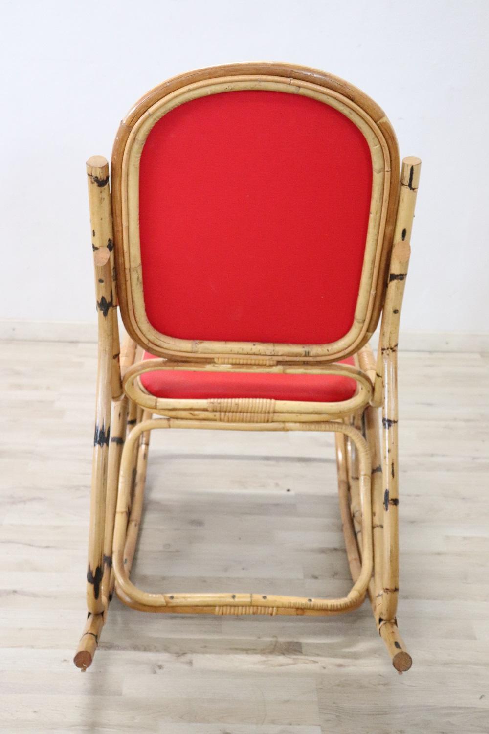 Vintage Italian Bamboo Rocking Chair with Red Fabric In Excellent Condition In Casale Monferrato, IT