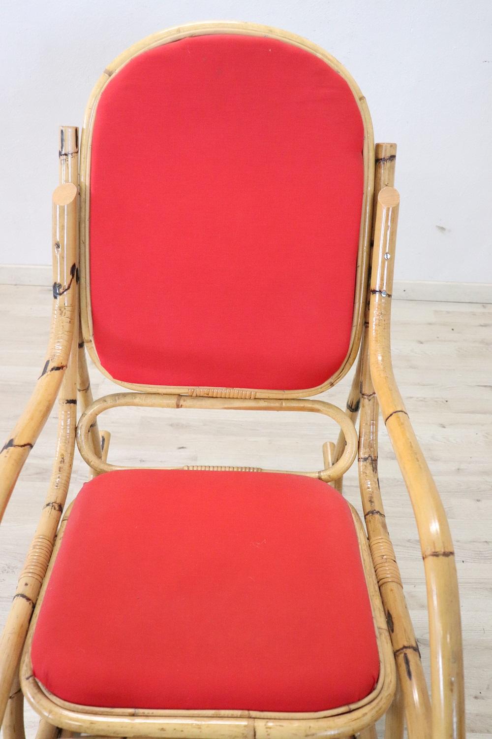 Vintage Italian Bamboo Rocking Chair with Red Fabric 1