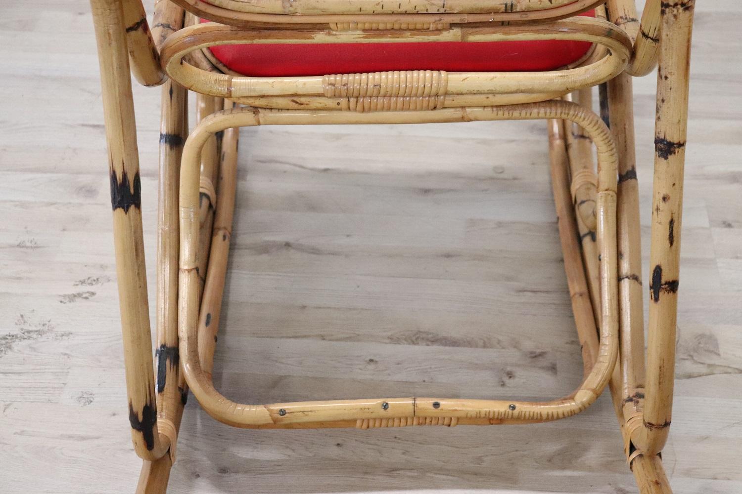 Vintage Italian Bamboo Rocking Chair with Red Fabric 3