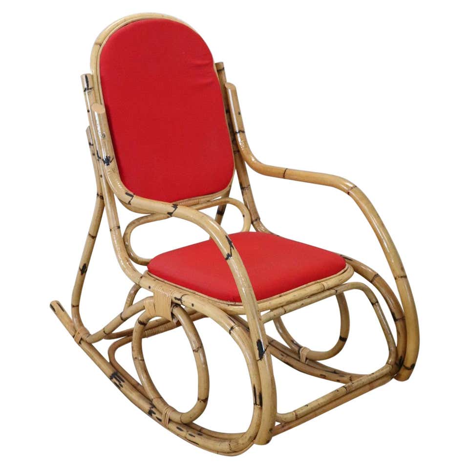 Vintage Italian Bamboo Rocking Chair with Red Fabric For Sale at 1stDibs