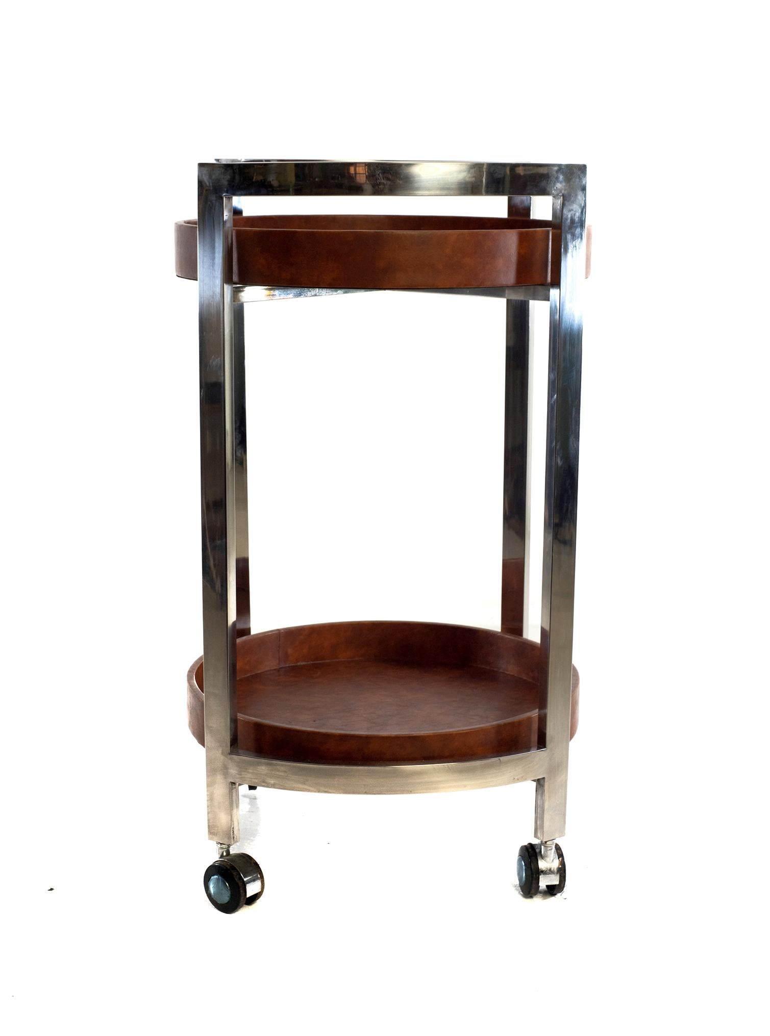 Mid-Century Modern Vintage Italian Bar Cart in Chrome and Faux Leather