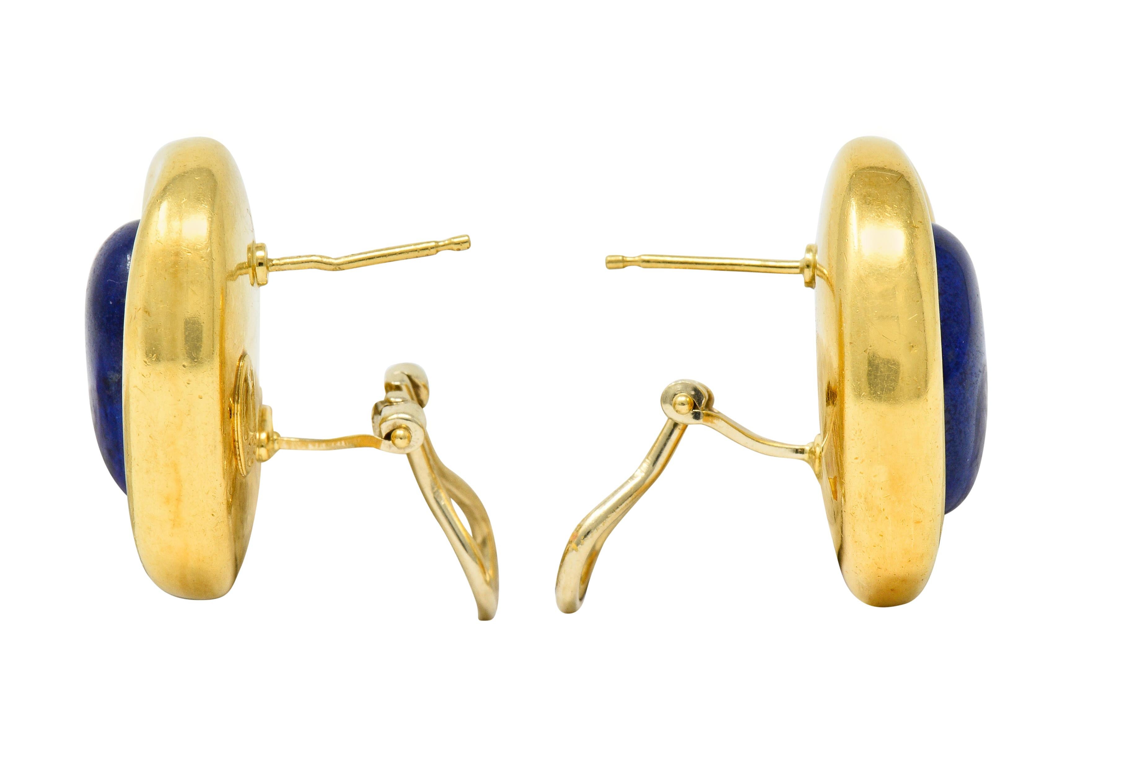 Contemporary Vintage Italian Baraka Lapis Cabochon 18 Karat Gold Earrings