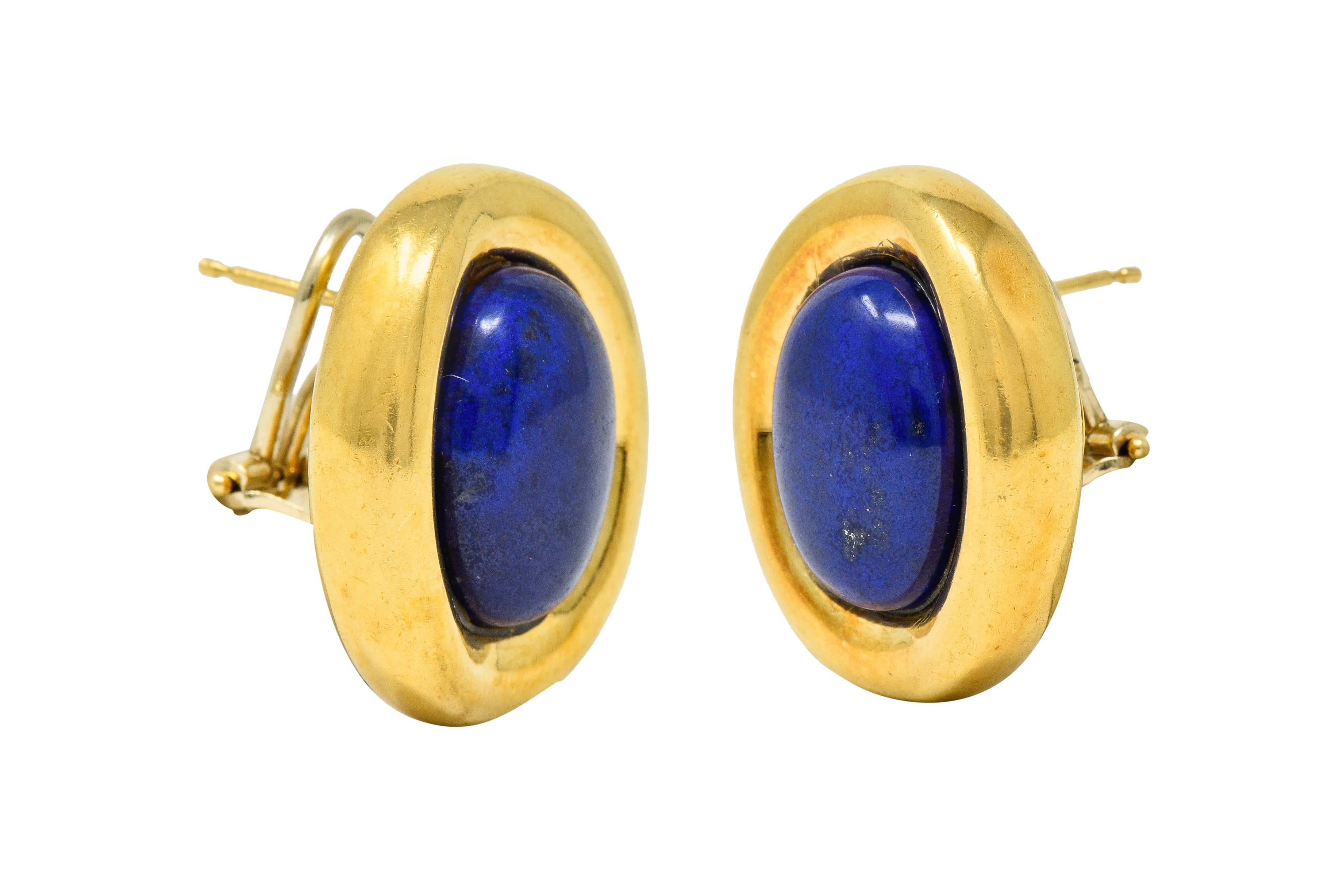 Women's or Men's Vintage Italian Baraka Lapis Cabochon 18 Karat Gold Earrings