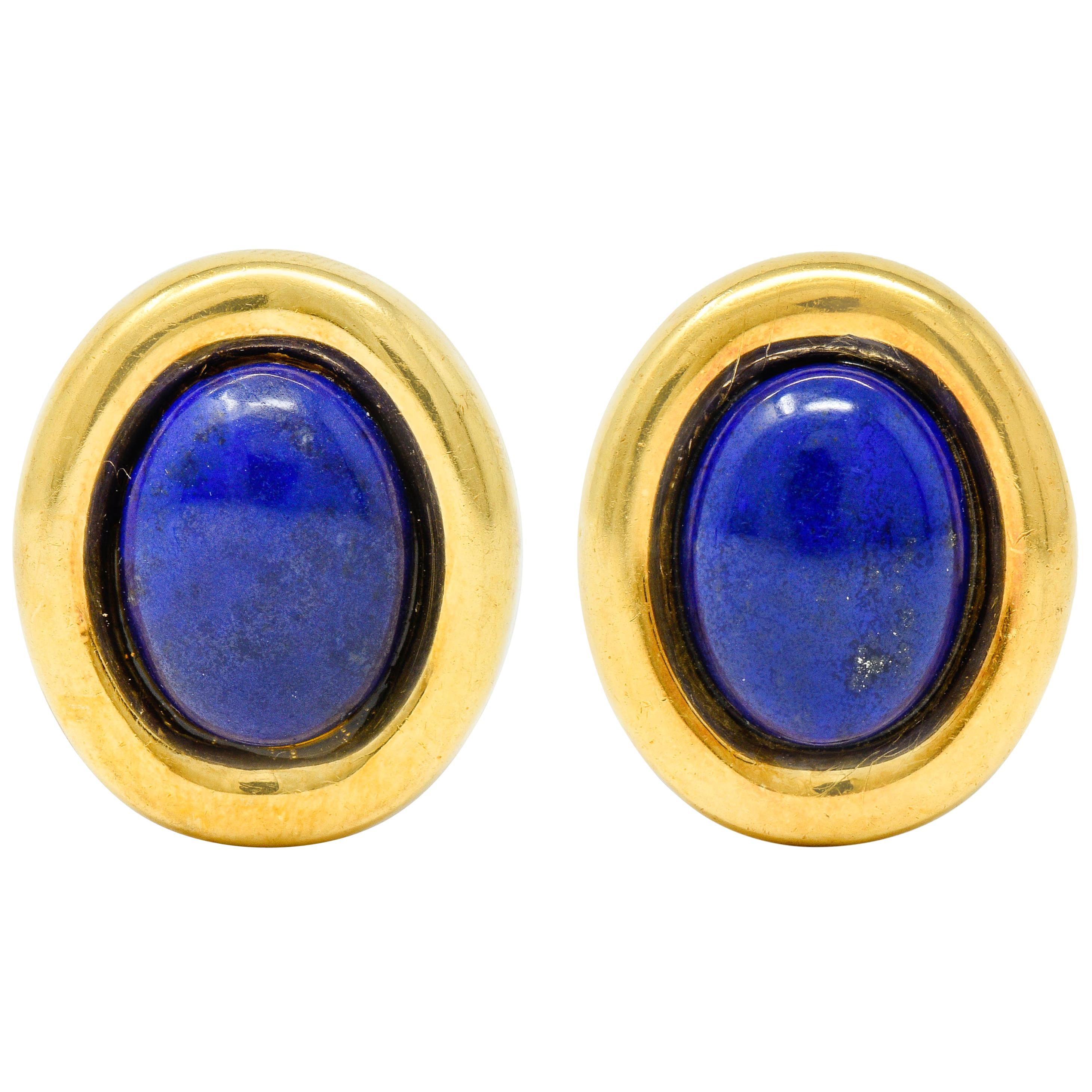 Vintage Italian Baraka Lapis Cabochon 18 Karat Gold Earrings